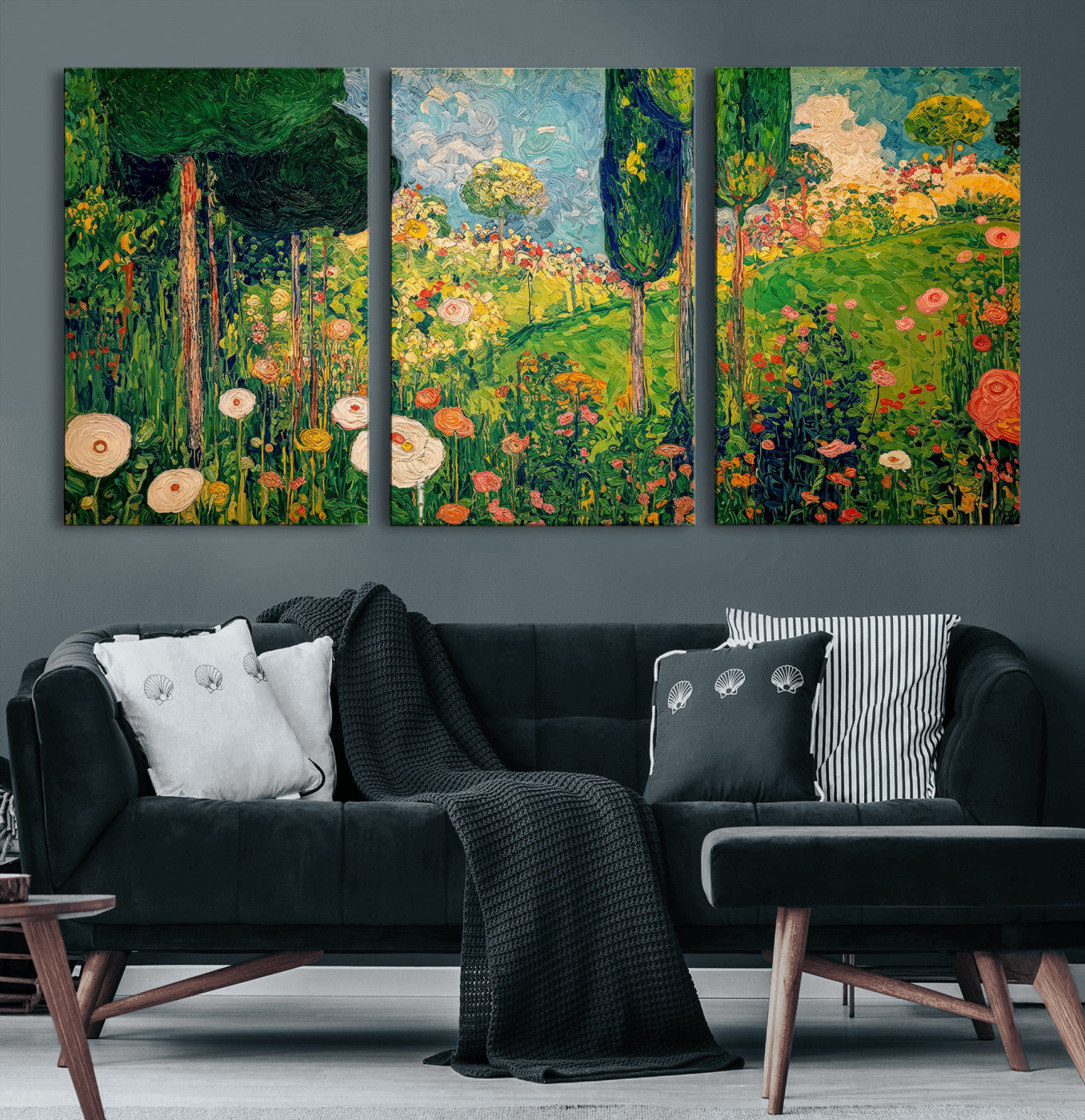 83517974-MGV-CV-36X24 - Gustav Klimt Boho Mountain Landscape Large Wall Art, Horizontal Gold Framed Canvas Print with Sun and Flowers