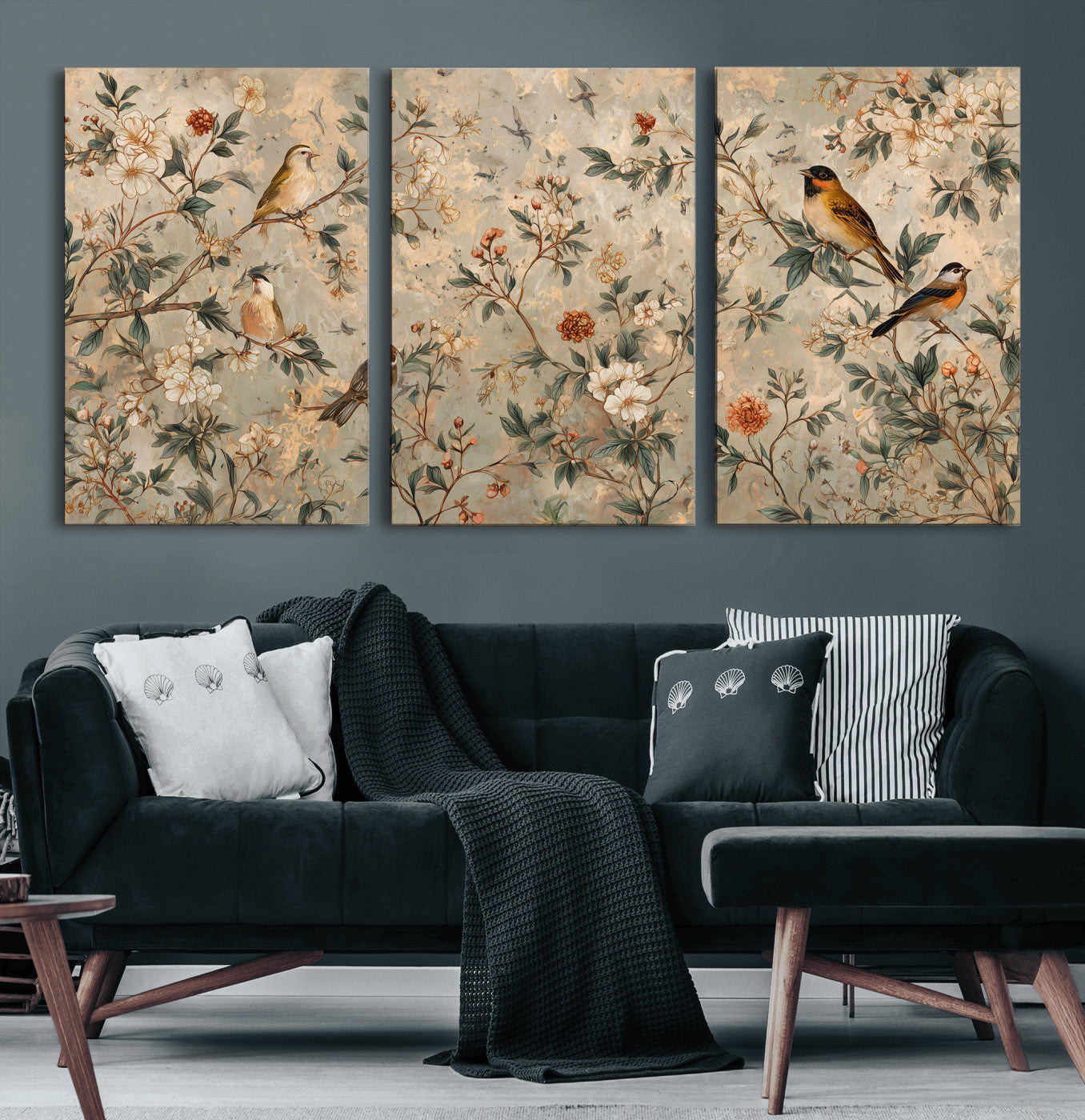 76588438-MGV-CV-36X24 - Vintage Birds and Flowers Wall Art Canvas Print, Botanical Bird Painting Canvas Print, Floral Garden Bird Artwork Canvas Print, Classic Bird Flower Painting Canvas Print