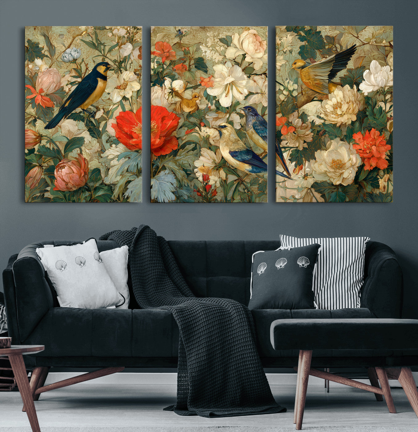 52904757-MGV-CV-36X24 - Vintage Birds and Flowers Wall Art Canvas Print, Botanical Bird Painting Canvas Print, Floral Garden Bird Artwork Canvas Print, Classic Bird Flower Painting Canvas Print