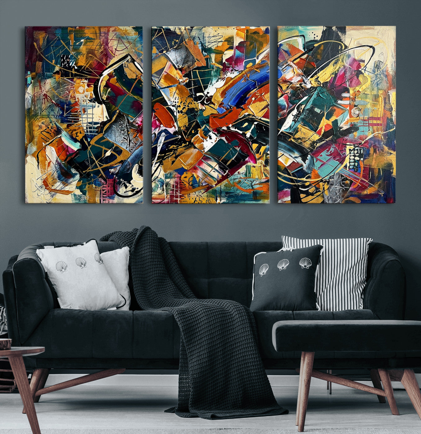 15525527-MGV-CV-36X24 - Geometric Abstract Wall Art Canvas Print, Orange Blue Abstract Expressionist Painting Print, Modern Geometric Abstract Canvas Art