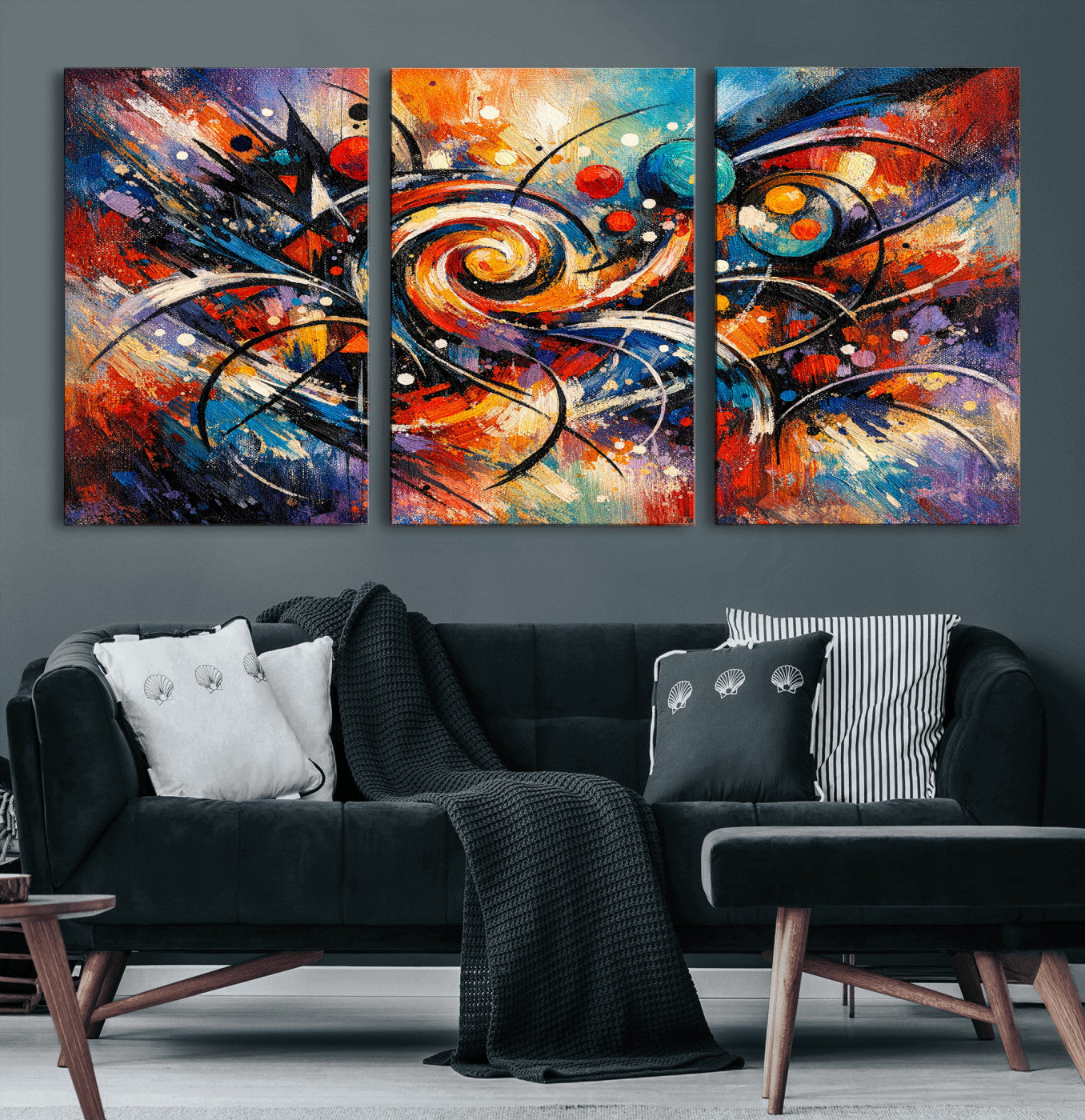 60193267-MGV-CV-36X24 - Geometric Abstract Wall Art Canvas Print, Orange Blue Abstract Expressionist Painting Print, Modern Geometric Abstract Canvas Art