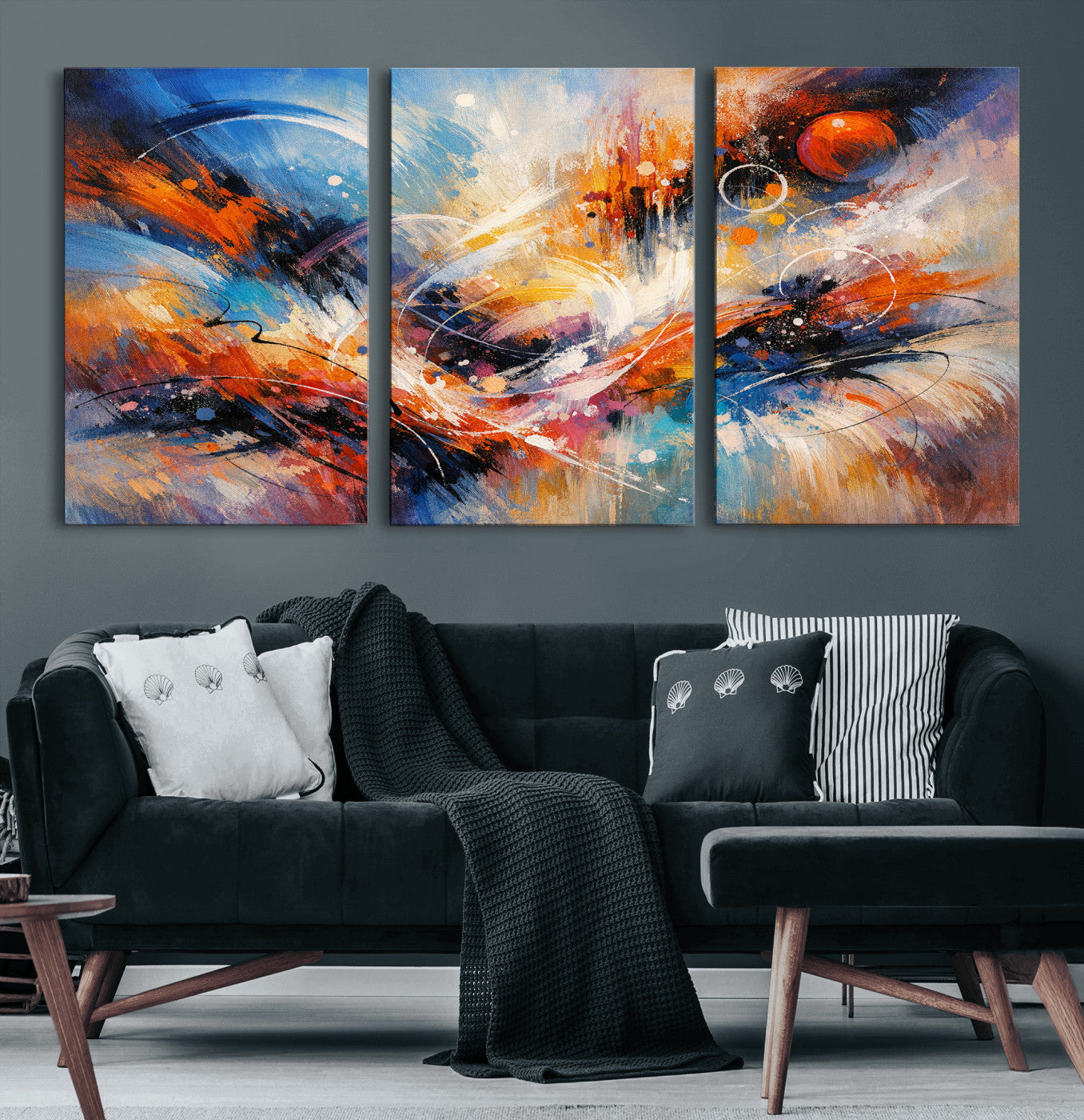 47770355-MGV-CV-36X24 - Geometric Abstract Wall Art Canvas Print, Orange Blue Abstract Expressionist Painting Print, Modern Geometric Abstract Canvas Art