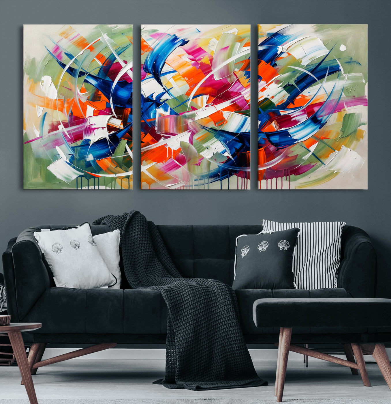 15032888-MGV-CV-36X24 - Geometric Abstract Wall Art Canvas Print, Orange Blue Abstract Expressionist Painting Print, Modern Geometric Abstract Canvas Art