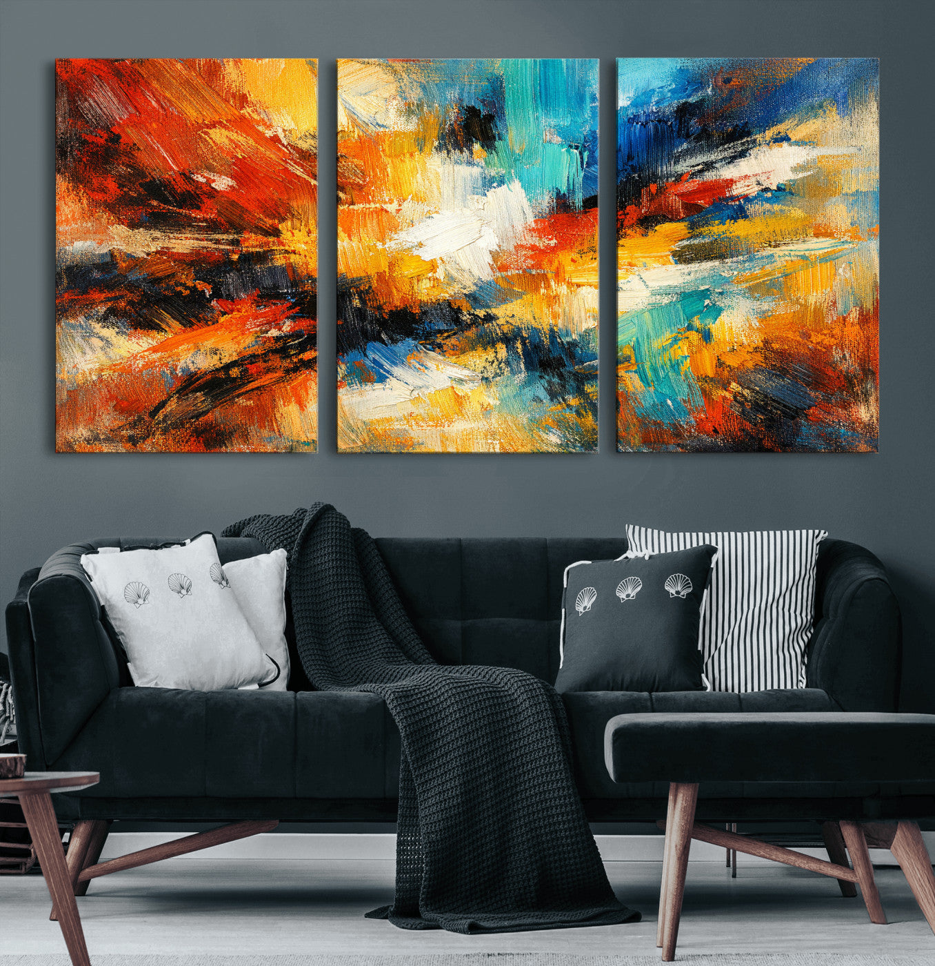 93167583-MGV-CV-36X24 - Geometric Abstract Wall Art Canvas Print, Orange Blue Abstract Expressionist Painting Print, Modern Geometric Abstract Canvas Art