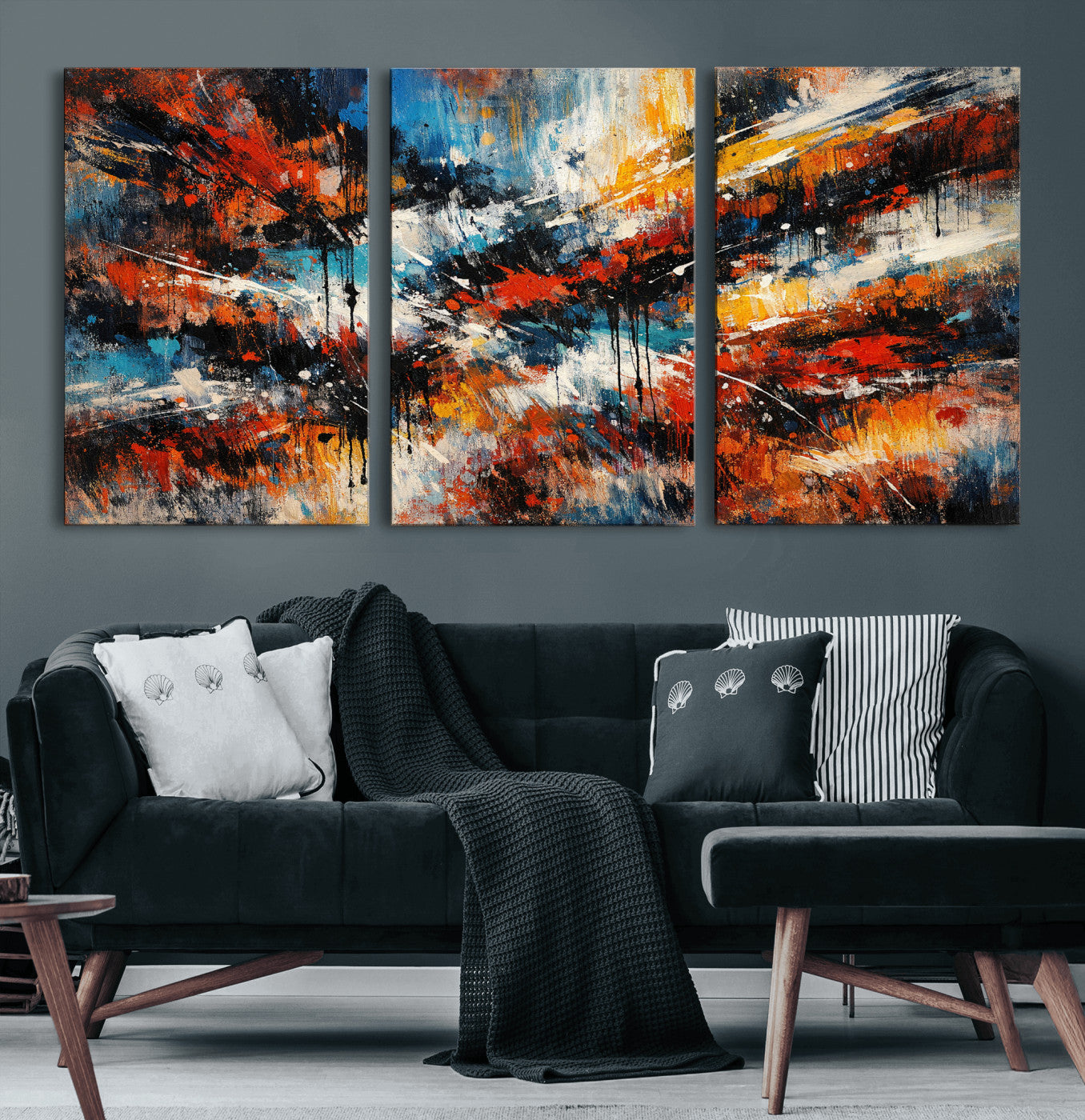 80276069-MGV-CV-36X24 - Geometric Abstract Wall Art Canvas Print, Orange Blue Abstract Expressionist Painting Print, Modern Geometric Abstract Canvas Art