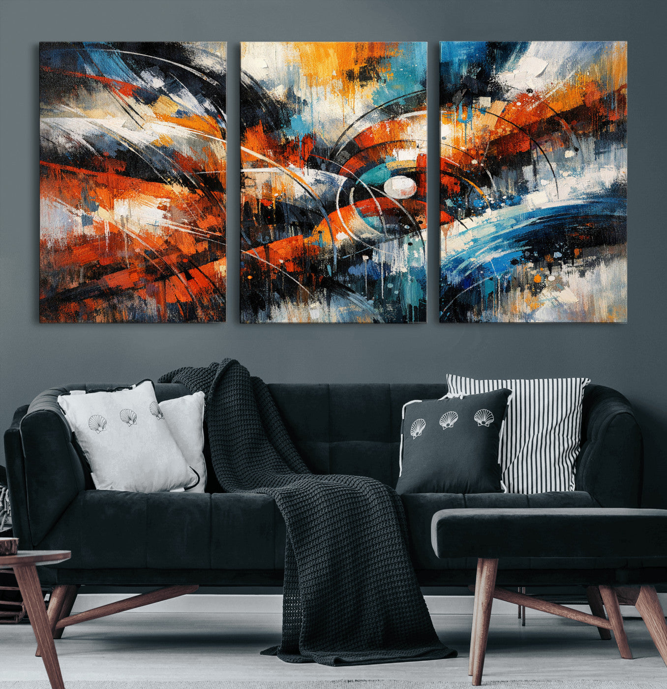 47120691-MGV-CV-36X24 - Geometric Abstract Wall Art Canvas Print, Orange Blue Abstract Expressionist Painting Print, Modern Geometric Abstract Canvas Art