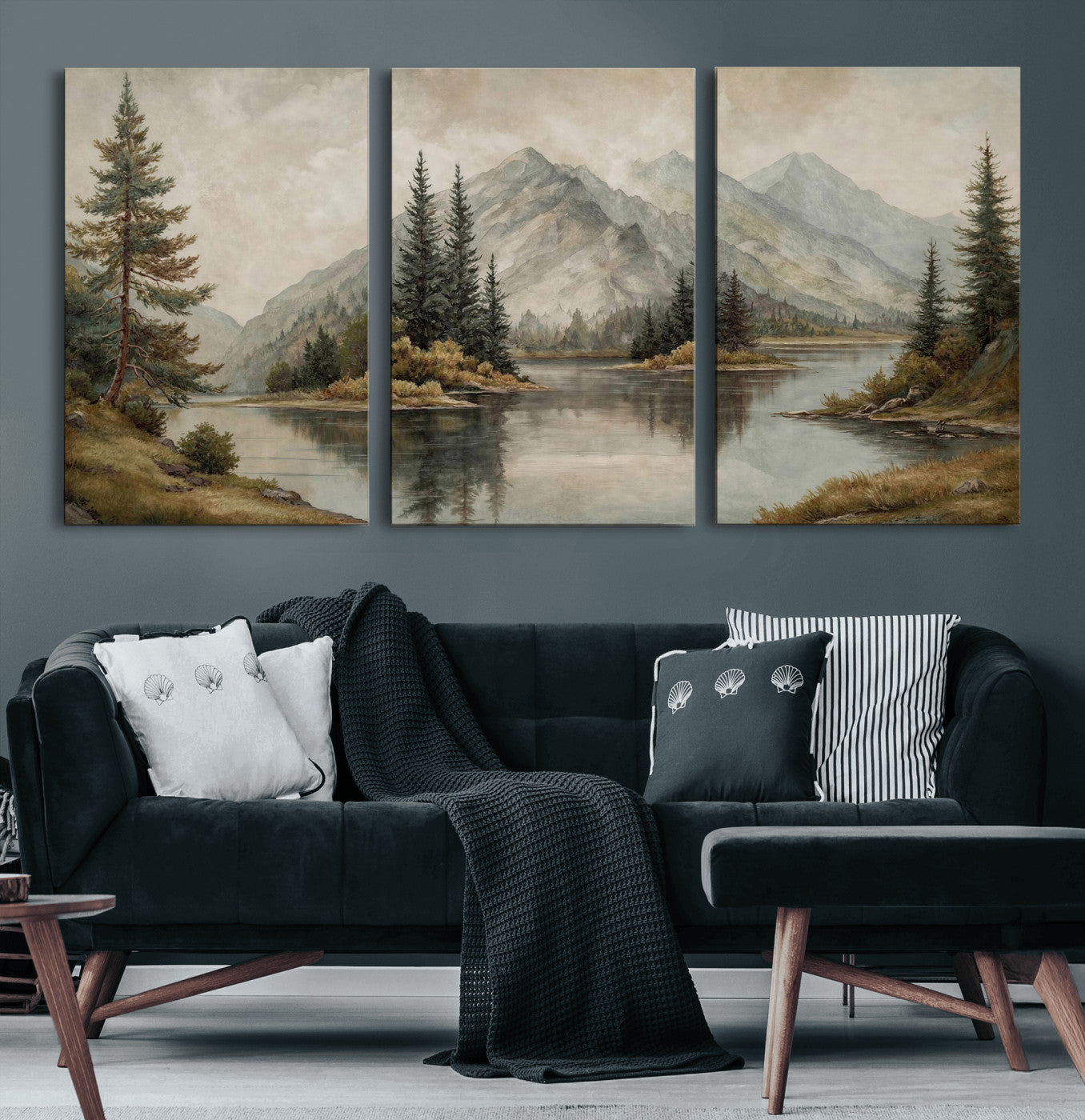 4712069V1-MGV-CV-60X30-3P - Vintage Mountain Landscape Wall Art Canvas Print Set, Rustic Nature Triptych Canvas, Neutral Lake Forest Mountain Wall Decor