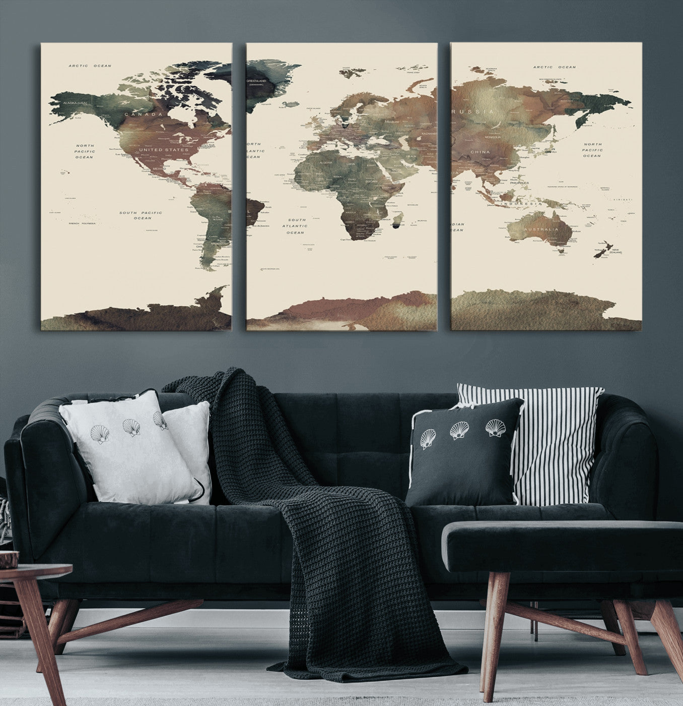 23199-MGV-CV-60X30-3P-Neutral Watercolor World Map Canvas Wall Art – Framed Earth Tone Map Print, Minimalist Travel Artwork for Modern Home and Office Decor