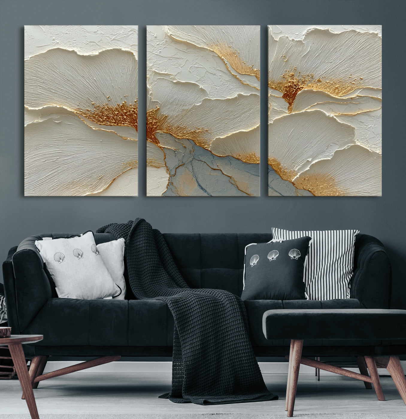 4712069F1-MGV-CV-36X24 - White Gold Floral Canvas Wall Art — Textured Flower Print | Luxury Botanical Decor | Elegant Bedroom Art | Gold Leaf Wall Art Gift
