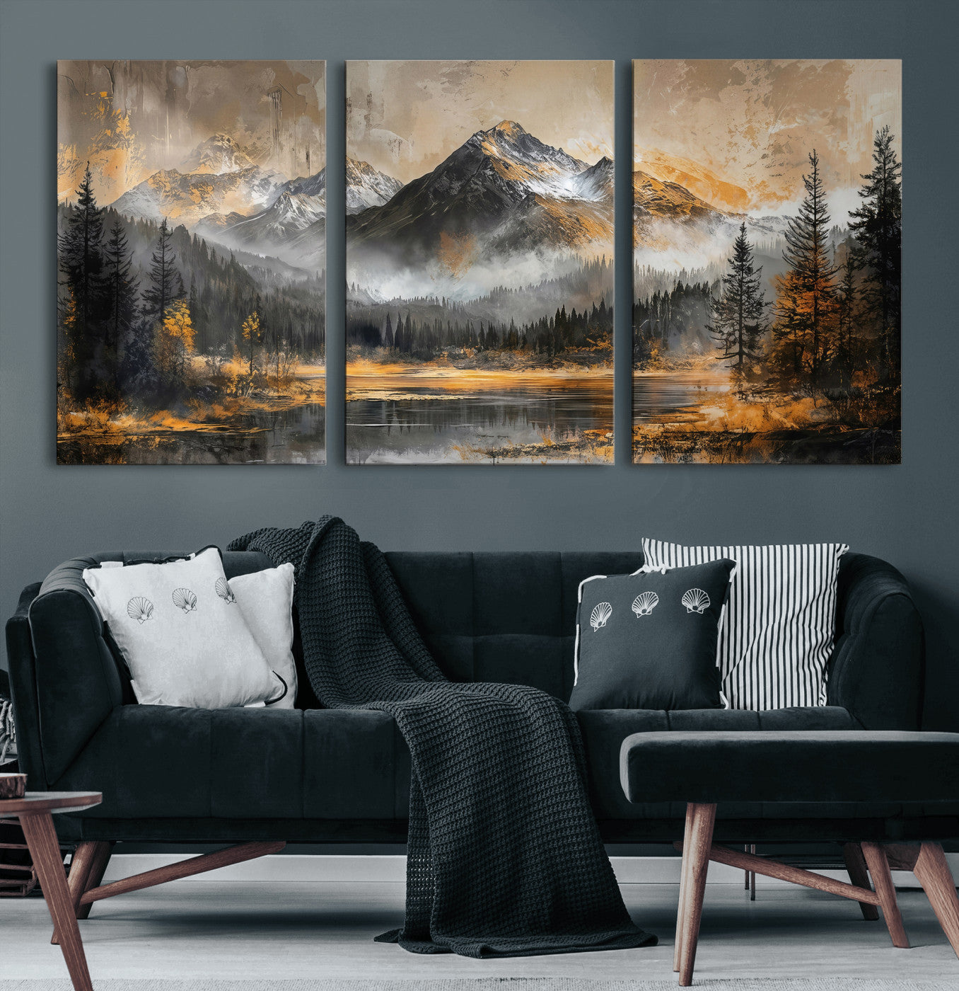 4712069D1-MGV-CV-36X24 - Mountain Lake Canvas Wall Art — Rustic Forest Landscape Print | Gold Grey Nature Decor | Cabin Wall Art | Large Wilderness Art Print Gift