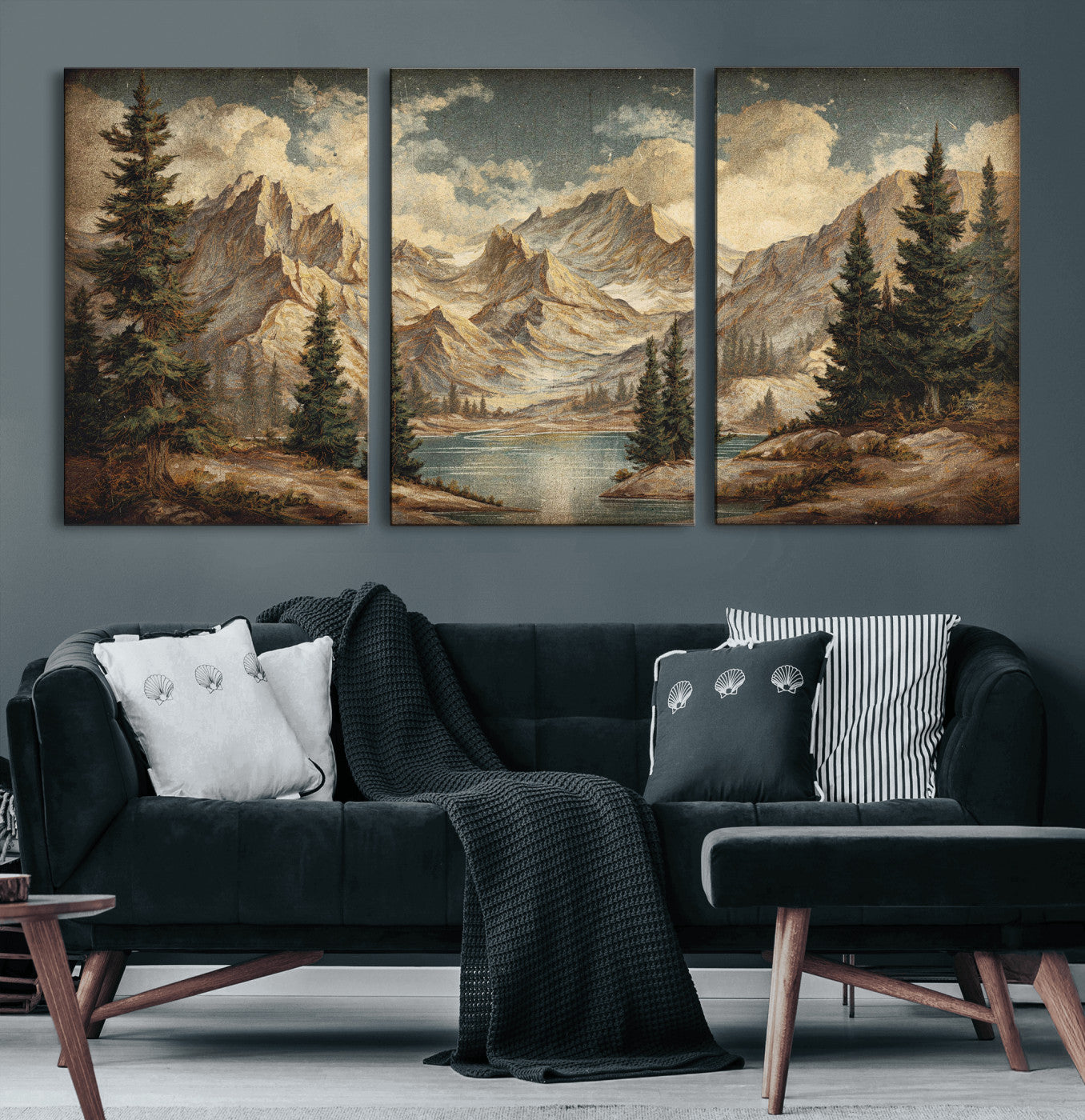 62093020-MGV-CV-60X30-3P - Drip Style Forest Lake Gold Art — Abstract Expressionist Mountain Print | Grey Pine Tree Canvas | Moody Nature Wall Decor | Large Panoramic Art