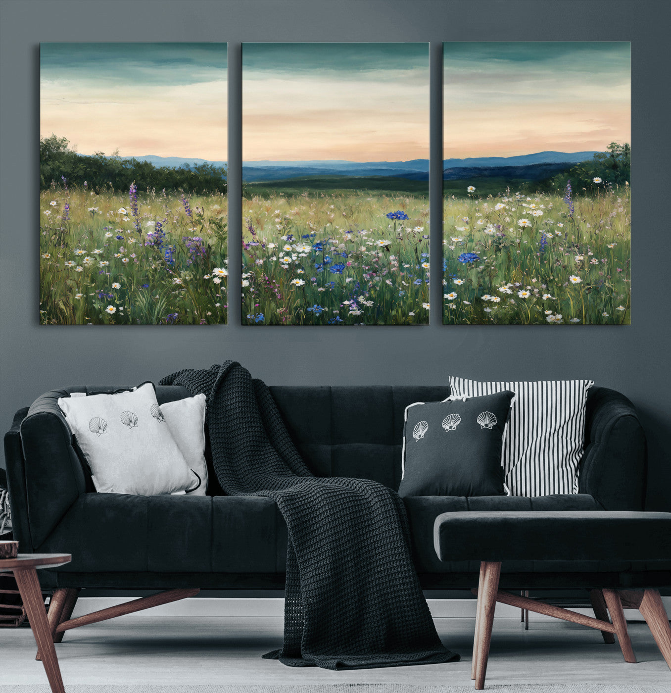 35773805-MGV-CV-36X24 - Wildflower Meadow Oil Painting Canvas Print - Daisy Lavender Mountain Sunset Print | Cottagecore Floral Wall Art - Bedroom Decor Gift for Her