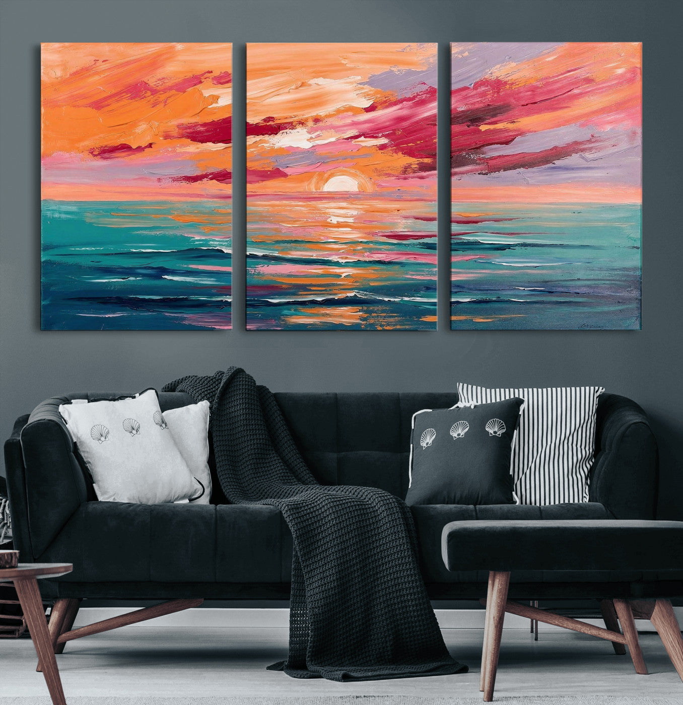 26763902-MGV-CV-36X24 - Bold Palette Knife Ocean Sunset Canvas — Orange Pink Teal Expressionist Sea Print | Colorful Coastal Wall Art | Vibrant Beach Decor Gift