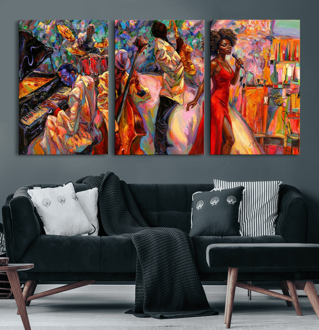 72615137-MGV-CV-36X24 - African American Jazz Singer Canvas Art - Red Dress Black Woman Music Print | Colorful Jazz Band Wall Decor | Living Room Gift for Her