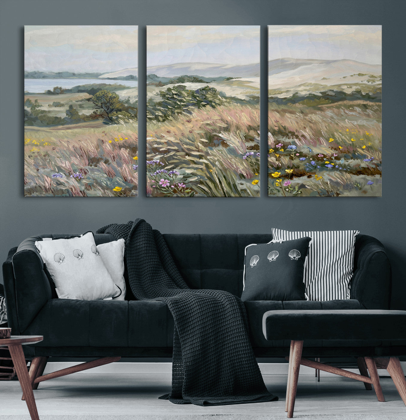 18013232-MGV-CV-36X24 - Katie Staples Hillside Canvas Wall Art — Coastal Wildflower Dune Oil Painting Print | Muted Green Nature Decor | Plein Air Landscape Gift