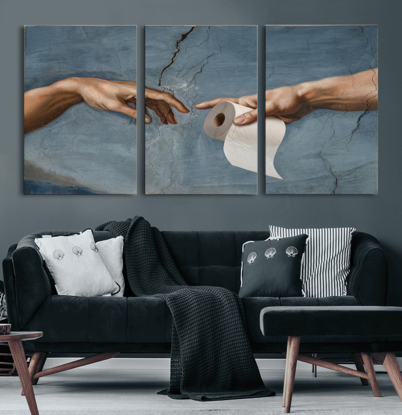 42648143-MGV-CV-36X24 - Funny Bathroom Canvas Wall Art, Michelangelo Creation of Adam Toilet Paper Parody, Renaissance Humor Print, Quirky Housewarming Gift, Toilet Room Decor