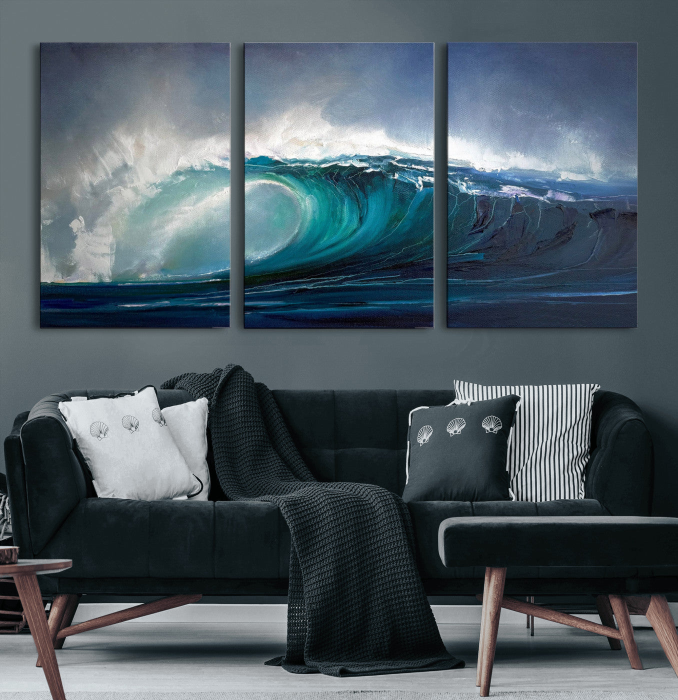 35491180-MGV-CV-60X30-3P - Ocean Wave Canvas Wall Art, Dramatic Teal Blue Seascape Oil Painting Print, Stormy Sea Coastal Decor, Large Beach House Art, Surf Wave Statement Art