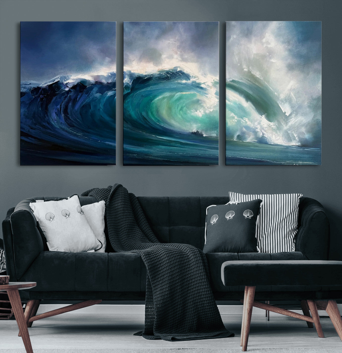 80752160-MGV-CV-60X30-3P - Ocean Wave Canvas Wall Art, Dramatic Teal Blue Seascape Oil Painting Print, Stormy Sea Coastal Decor, Large Beach House Art, Surf Wave Statement Art