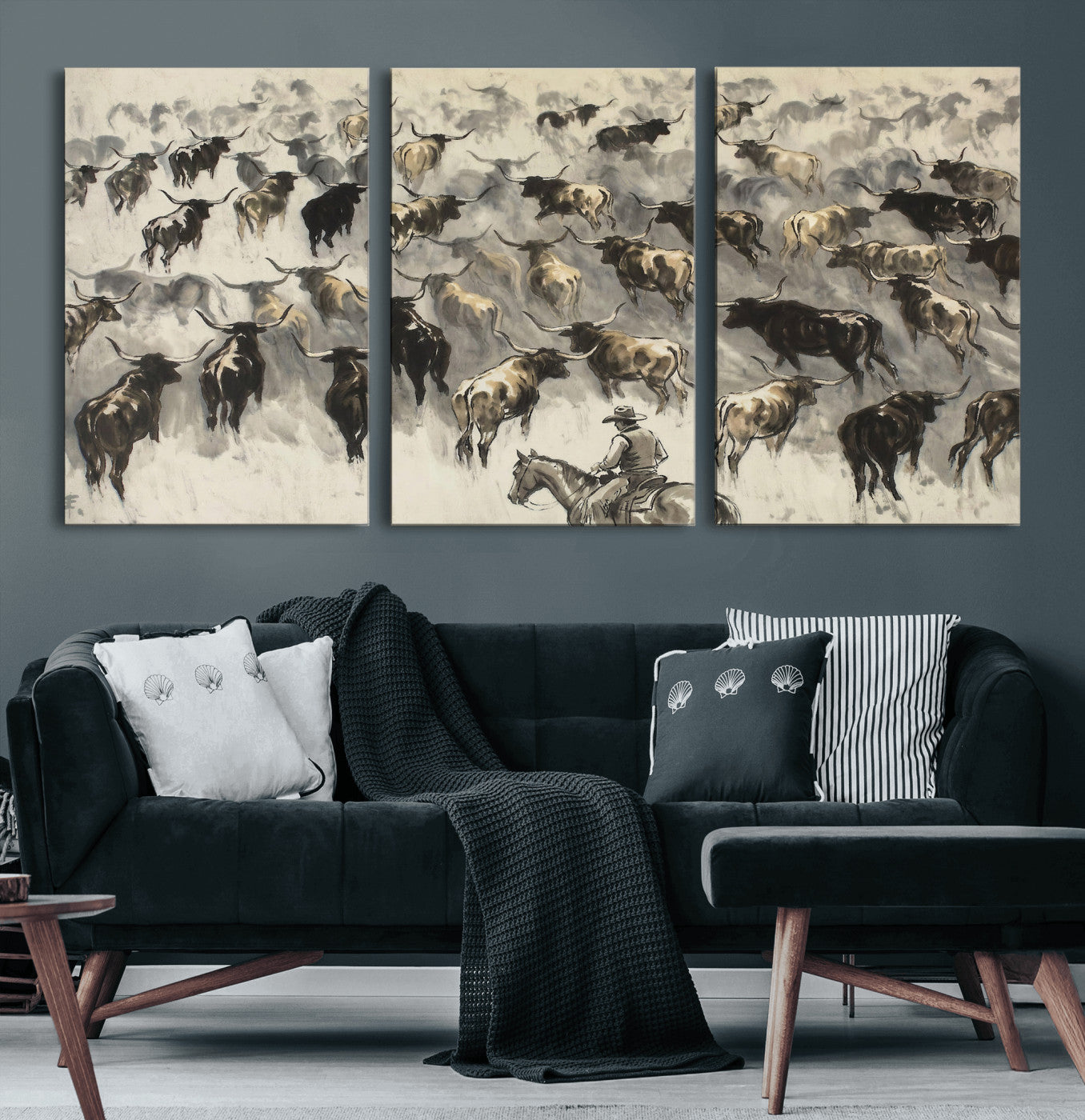 48049876-MGV-CV-36X24 - Cowboy Cattle Drive Canvas Wall Art, Western Longhorn Herd Ink Painting Print, Ranch Rodeo Decor, Black White Western Art, Large Living Room Art