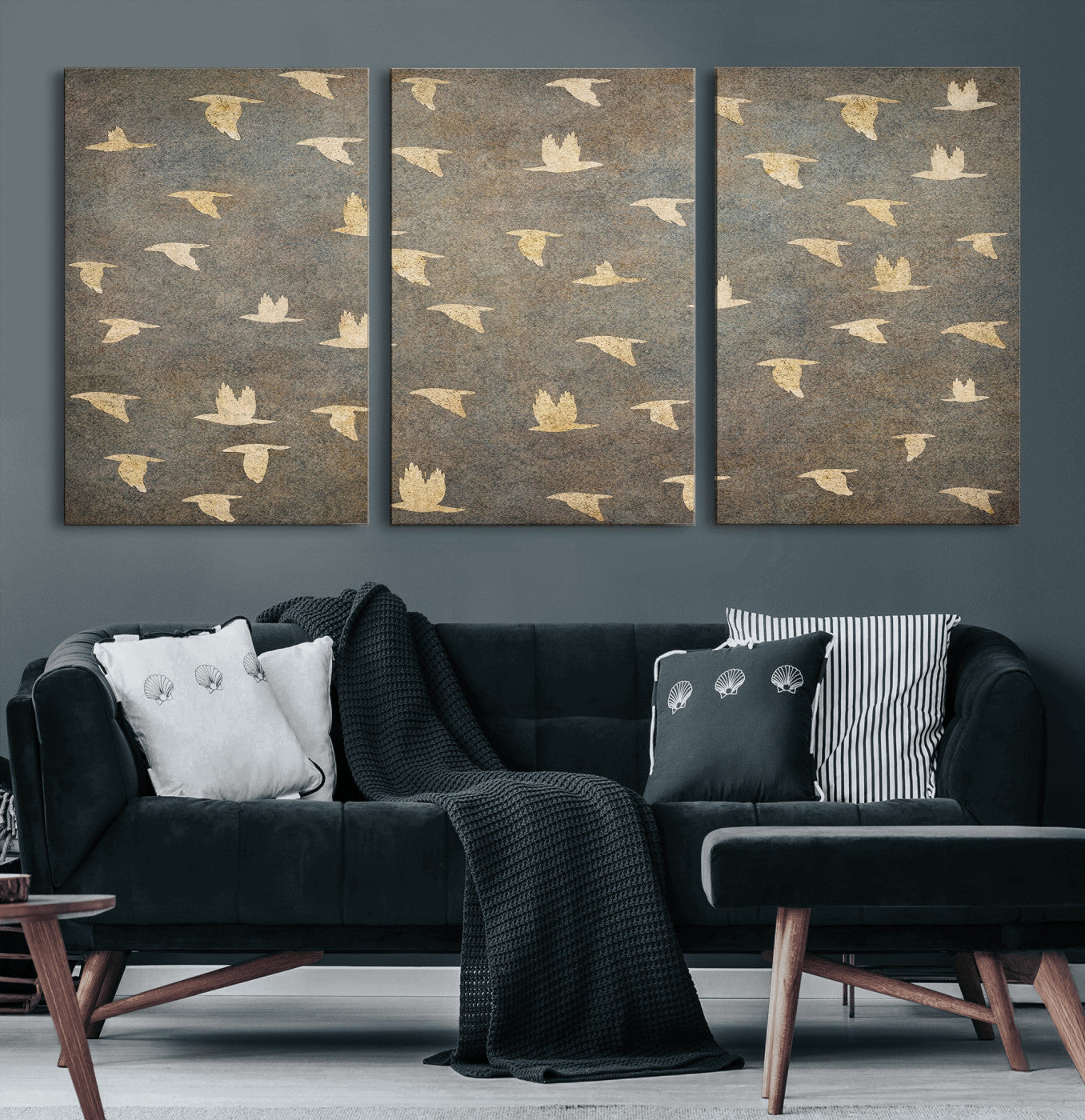 74076164-MGV-CV-36X24 - Flying Birds Canvas Wall Art, Vintage Bird Flock Pattern Print, Grey Gold Abstract Nature Decor, Rustic Bird Silhouette Art, Boho Living Room Decor