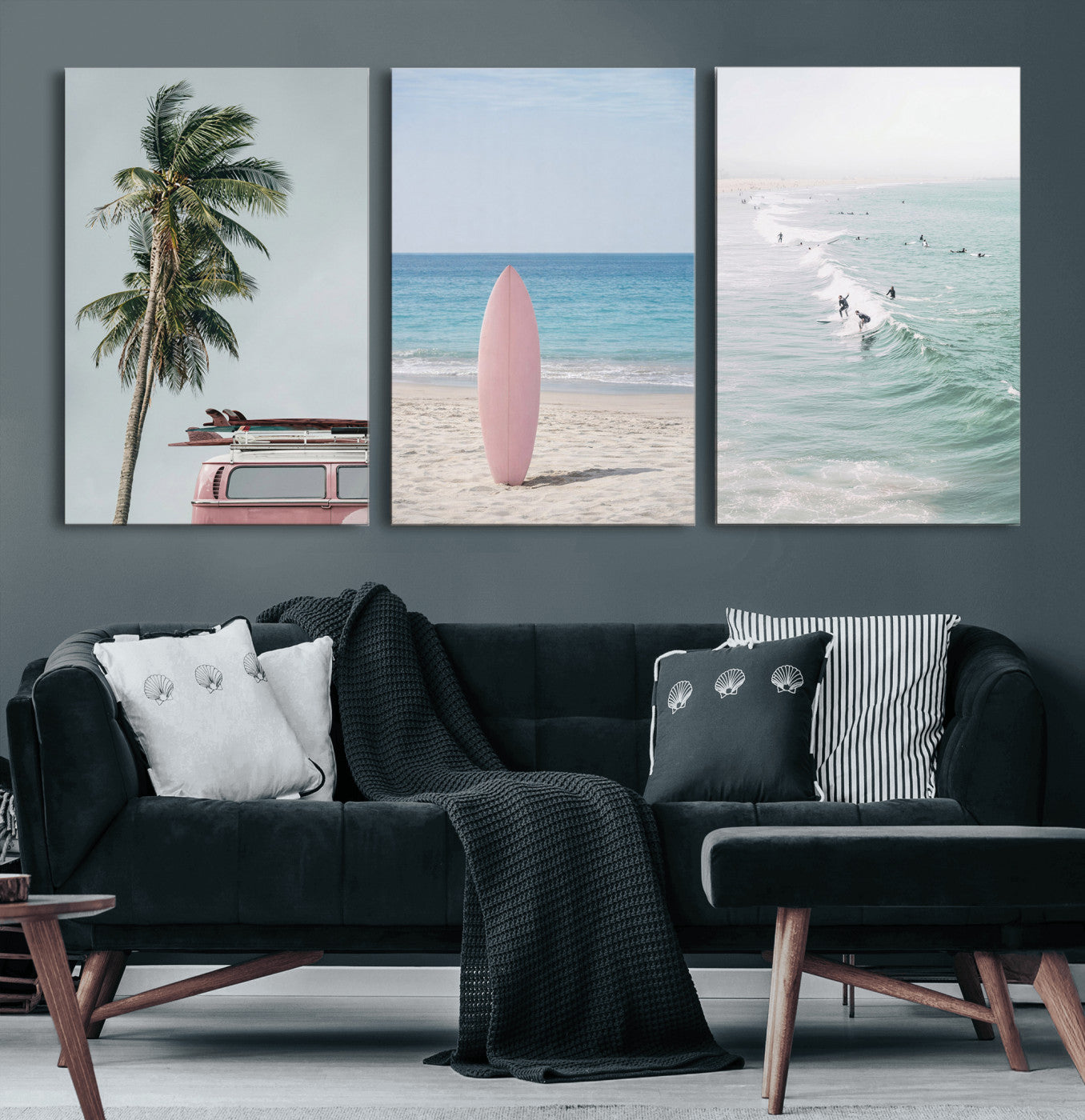 39028765-MGV-CV-60X30-3P - Surf Canvas Wall Art Set, Pink Surfboard VW Van Palm Tree Triptych, Beach House Coastal Decor, Pastel Ocean Photography Print, Boho Surf Decor