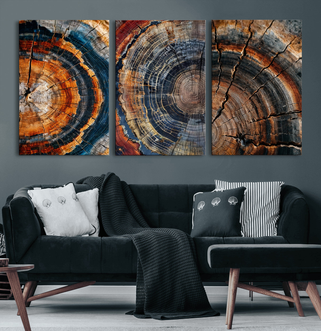 53873594-MGV-CV-60X30-3P - Tree Ring Canvas Wall Art, Wood Cross Section Triptych Print, Rustic Nature Abstract Decor, Earthy Boho Wall Art, Modern Farmhouse Living Room