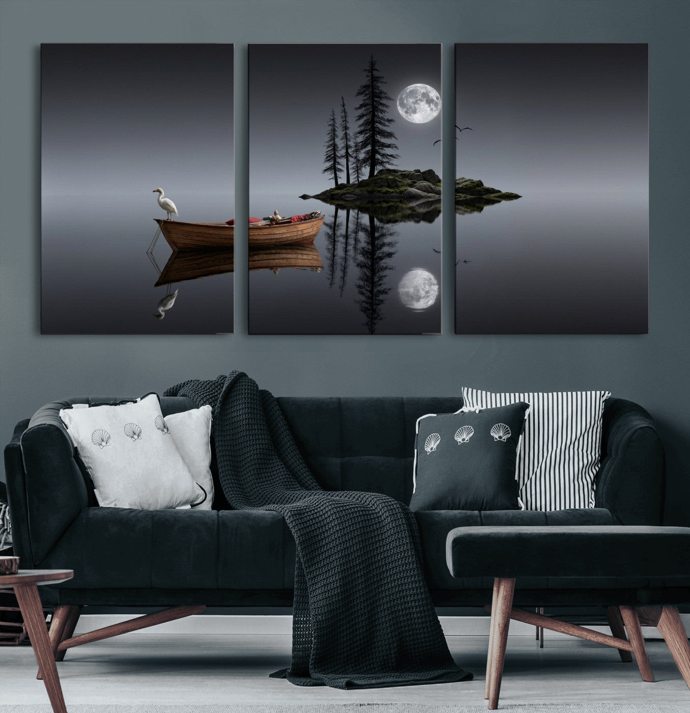 68839391D-MGV-CV-60X30-3P - Moonlit Lake Canvas Wall Art, Dreamy Boat Heron Full Moon Night Print, Dark Fantasy Nature Decor, Moody Bedroom Art, Surreal Landscape Wall Art