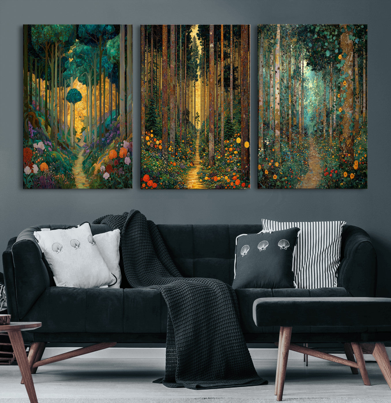 79483321-MGV-CV-60X30-3P - Gustav Klimt Style Forest Canvas Wall Art, Golden Forest Path Floral Art Nouveau Print, Enchanted Woodland Decor, Maximalist Colorful Nature Art