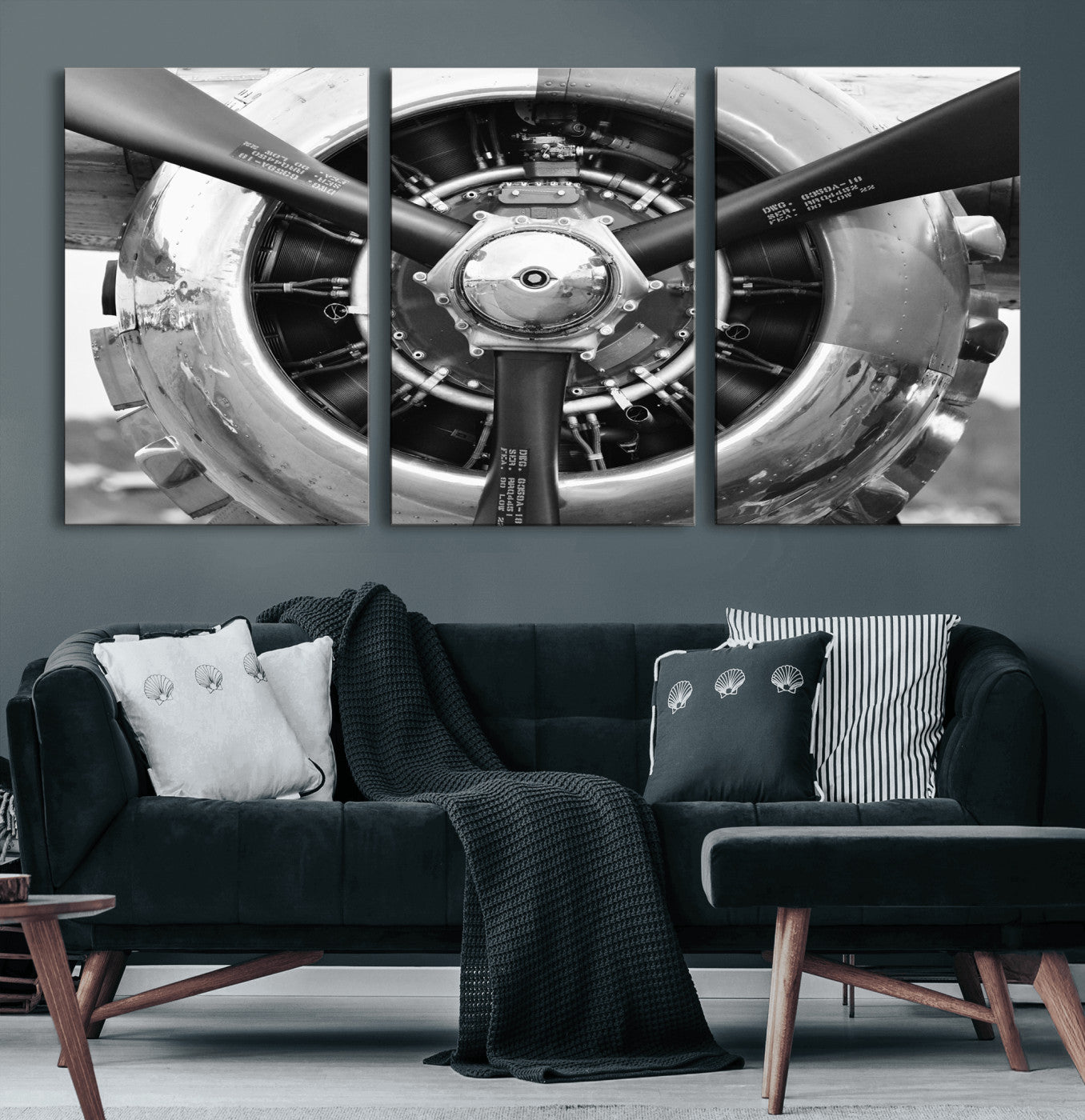 73322230-MGV-CV-36X24 - Vintage Propeller Plane Wall Art Canvas Print, Black and White Airplane Engine Close Up Framed Aviation Artwork for Pilot Office Hangar Decor