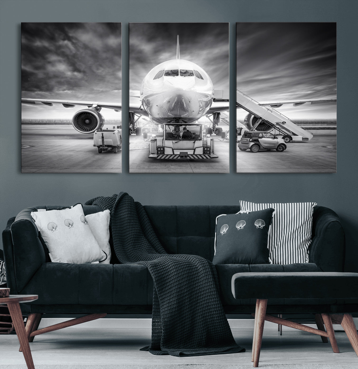 85885848-MGV-CV-36X24 - Airplane Wall Art Canvas Print, Black and White Jet Aircraft Airport Runway Framed Aviation Artwork for Pilot Office Hangar Travel Decor