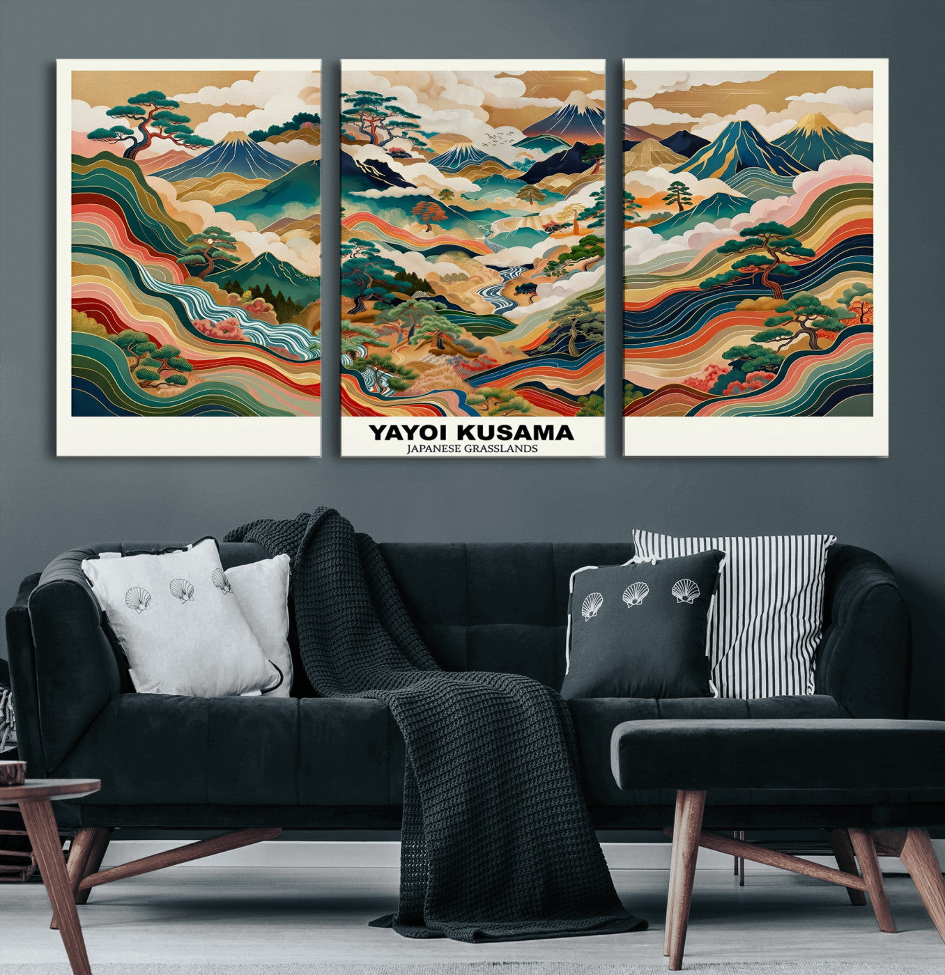 89903380-MGV-CV-60X30-3P - Japanese Grasslands Canvas Wall Art, Kusama Inspired Landscape Print, Colorful Japanese Nature Poster, Ukiyo-e Style Mountain Decor, Asian Art Print