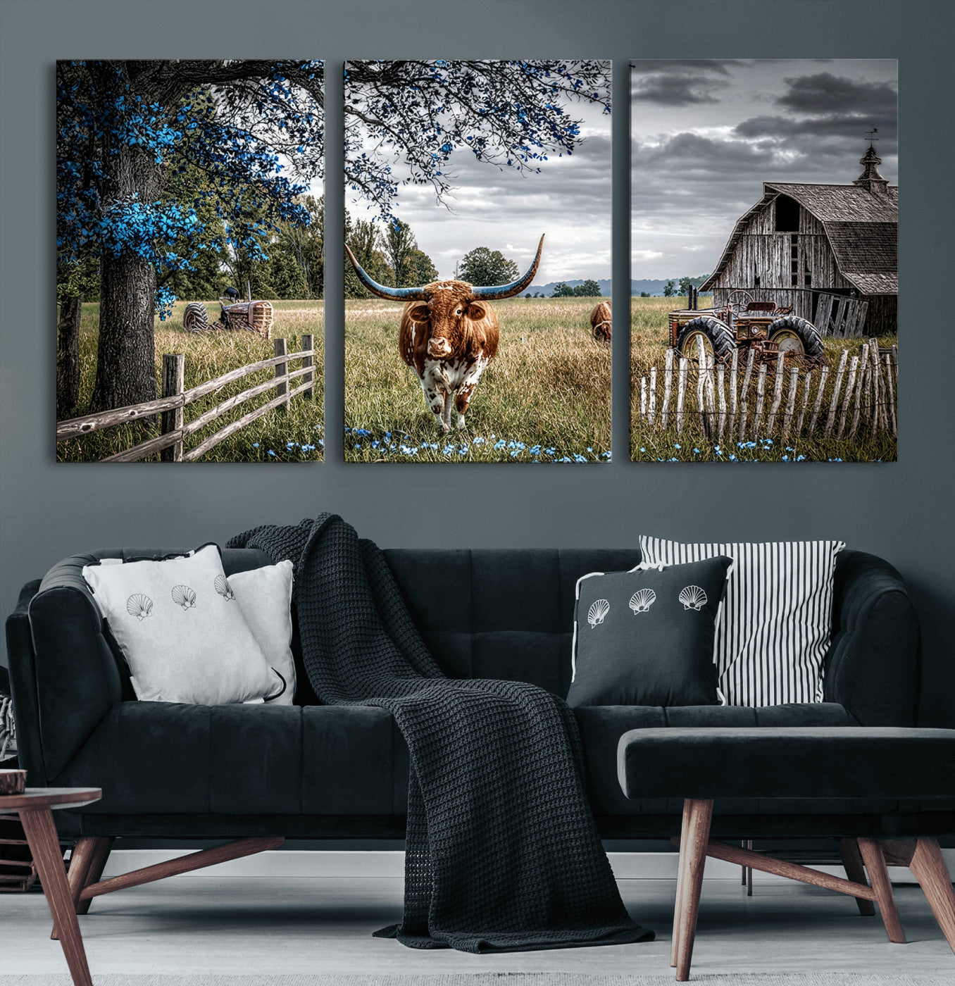 40526446-MGV-CV-60X30-3P - Texas Longhorn Canvas Wall Art, Rustic Farm Barn Bluebonnet Photography Print, Farmhouse Country Decor, Western Ranch Art, Old Truck Tractor Print