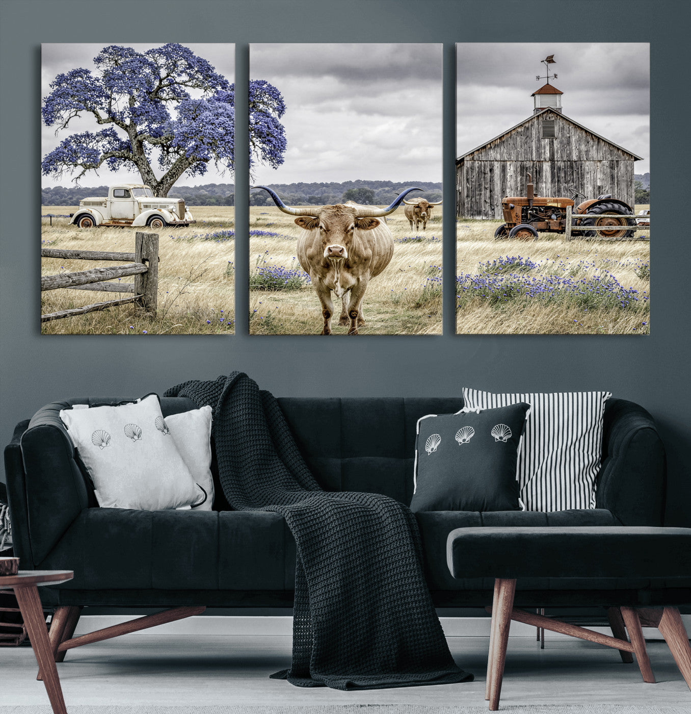 62336425-MGV-CV-60X30-3P - Texas Longhorn Canvas Wall Art, Rustic Farm Barn Bluebonnet Photography Print, Farmhouse Country Decor, Western Ranch Art, Old Truck Tractor Print