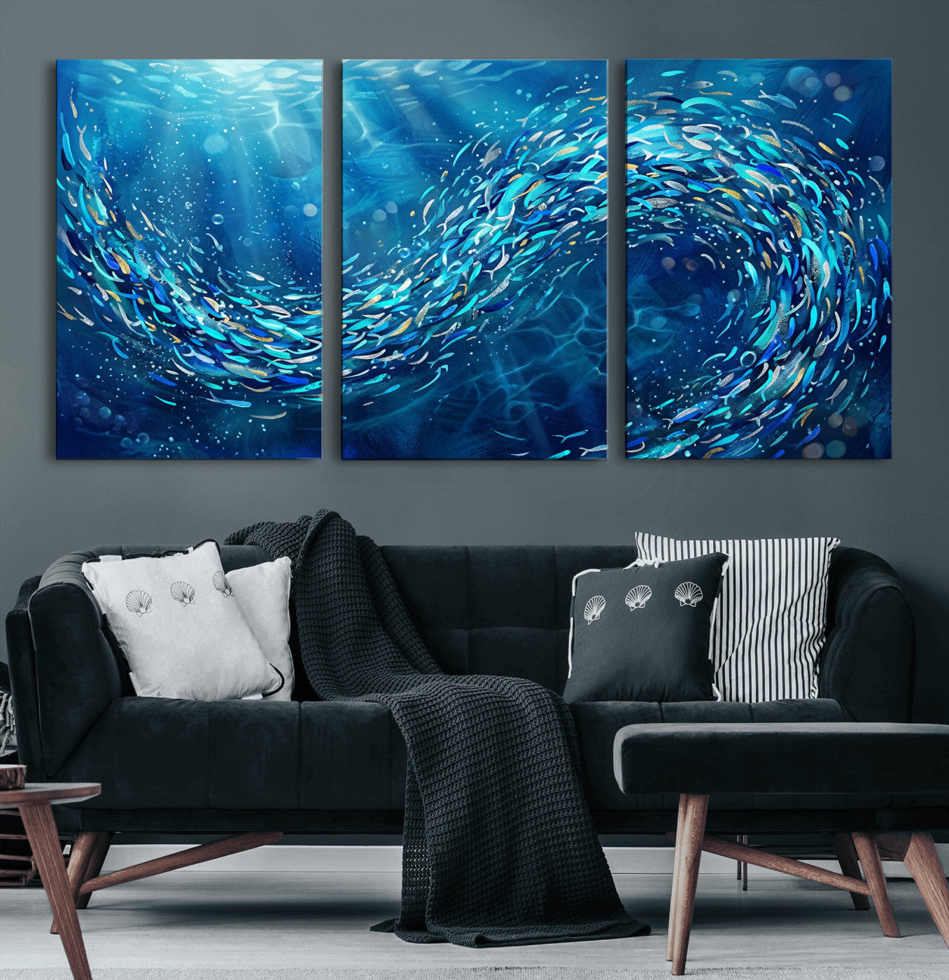 54535639-MGV-CV-36X24 - School of Fish Canvas Print | Blue Ocean Underwater Wall Art | Swirling Fish Shoal Illustration | Marine Navy Coastal Decor