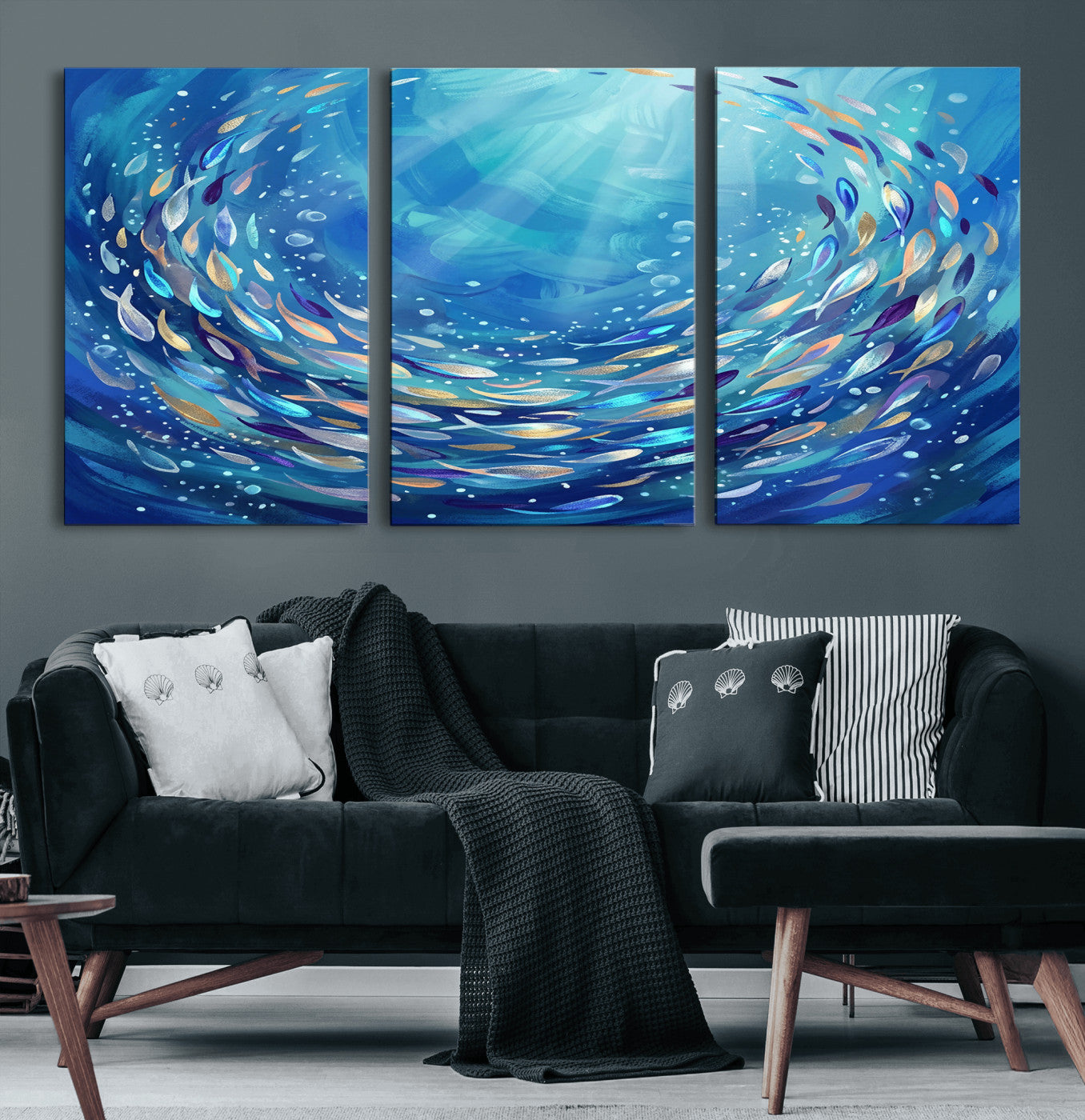 78699899-MGV-CV-36X24 - School of Fish Canvas Print | Blue Ocean Underwater Wall Art | Swirling Fish Shoal Illustration | Marine Navy Coastal Decor