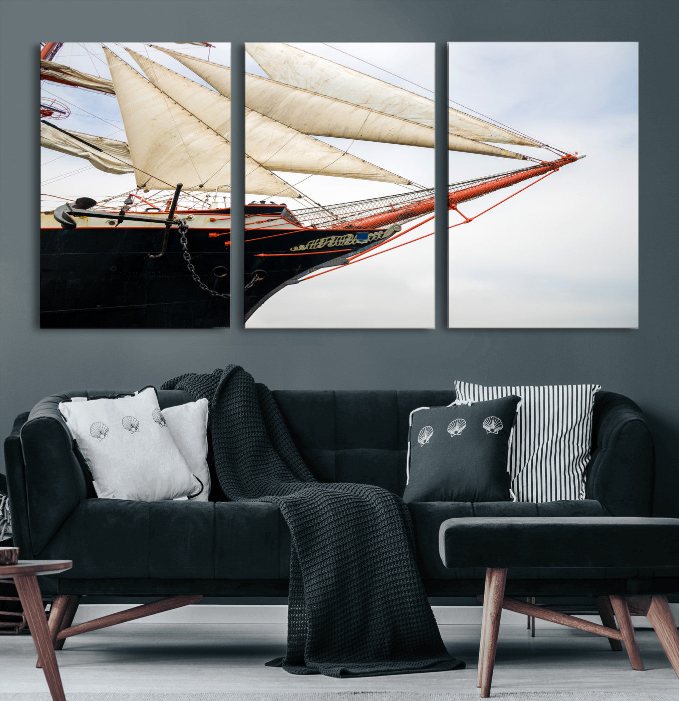64830036-MGV-CV-36X24 - Sailboat Wall Art Canvas Print, Vintage Ship Bow Framed Artwork, Nautical Sailing Decor for Living Room Office Beach House