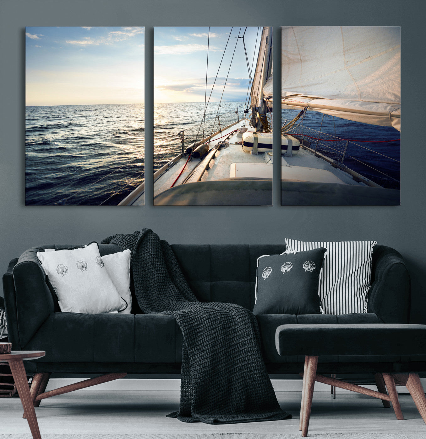 76381335-MGV-CV-36X24 - Sailboat Wall Art Canvas Print, Ocean Sunset Sailing Framed Artwork, Coastal Nautical Seascape Decor for Living Room Office Beach House