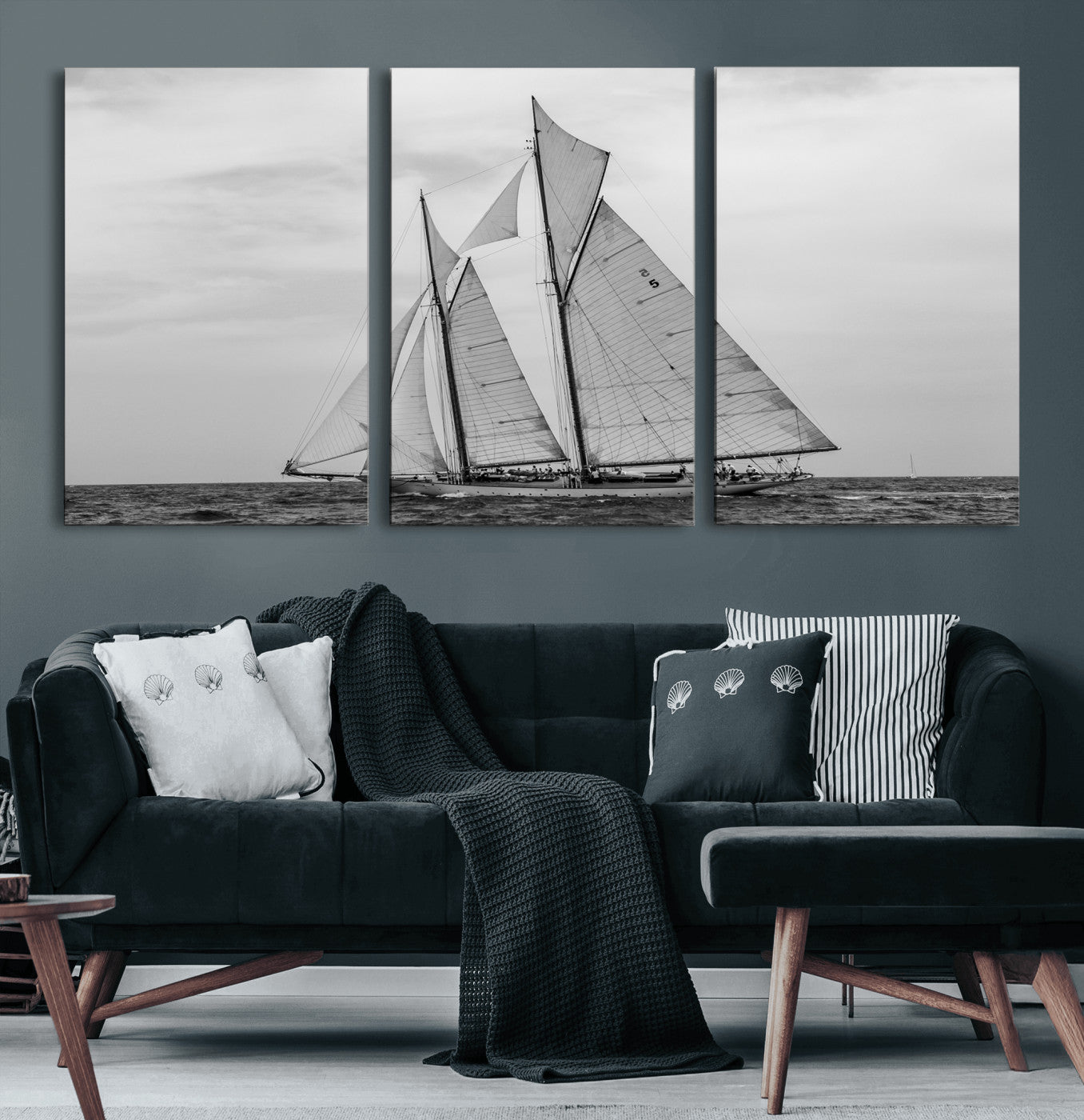 52882918-MGV-CV-36X24 - Vintage Sailboat Wall Art Canvas Print, Black and White Schooner Framed Artwork, Nautical Ocean Sailing Decor for Living Room Office Beach House