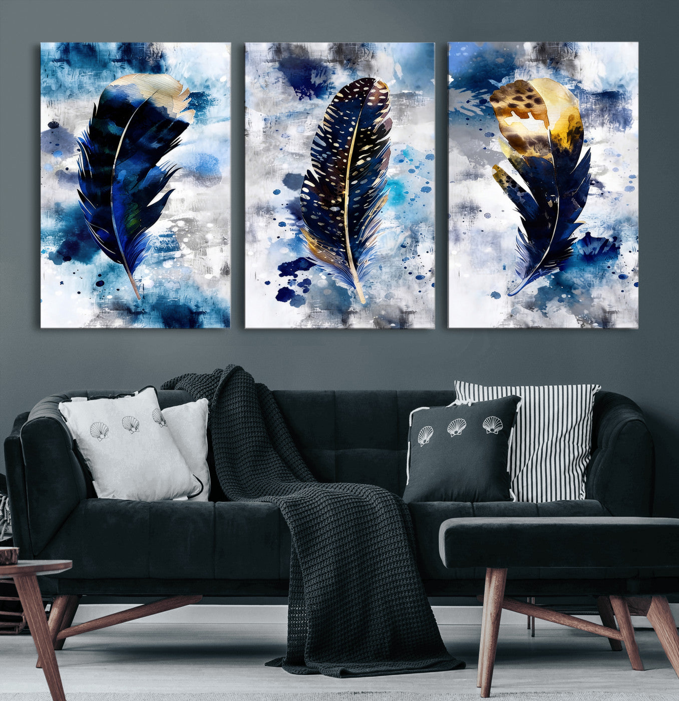 74325132F-MGV-CV-60X30-3P - Feather Canvas Wall Art Navy Blue Gold Watercolor Abstract Boho Eclectic Framed Large for Living Room Bedroom Office Entryway Decor
