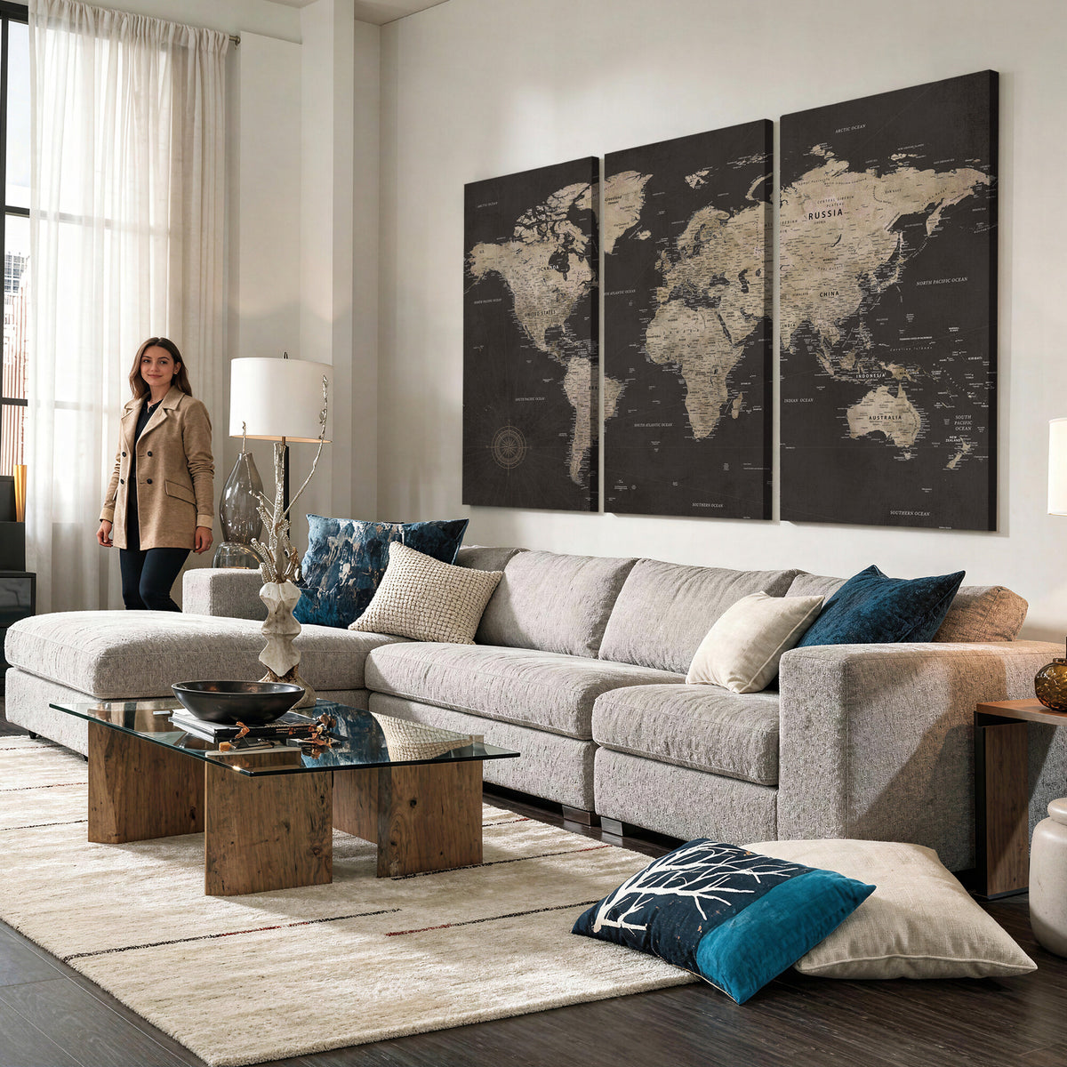 56556018136-MGV-CV-36X24 - World Map Canvas Wall Art Dark Charcoal Antique Tan Detailed