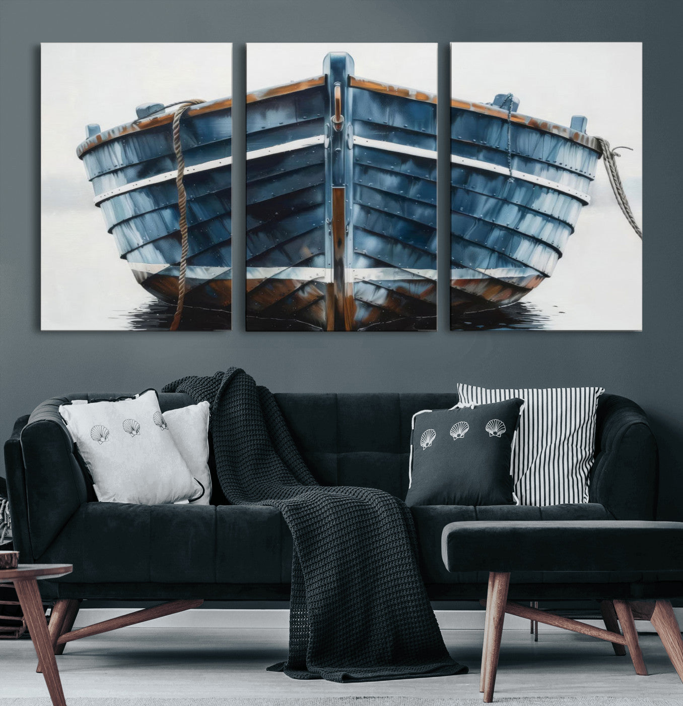 21601740-MGV-CV-36X24 - Blue Wooden Rowboat Canvas Wall Art, Coastal Nautical Boat Painting Print for Lake Beach House Decor, Minimalist Maritime Decor Artwork