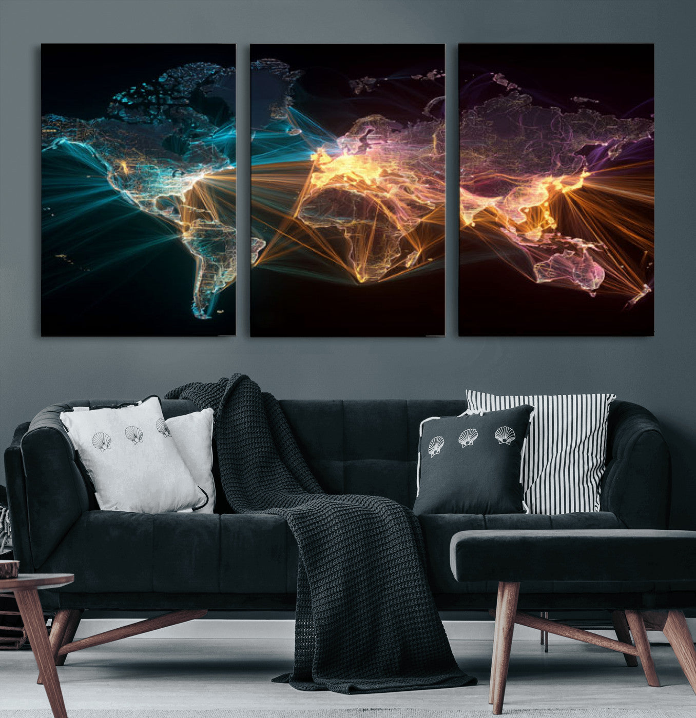 14891737-MGV-CV-36X24 - World Map and Global Flight Routes Map Canvas Wall Art, Worldwide Aviation Network Print, International Air Travel Wall Decor