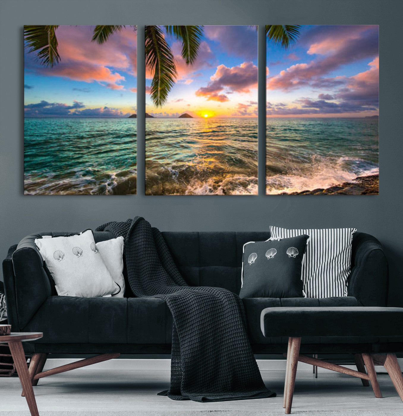 13207742-MGV-CV-36X24 - Hawaii Beach Sunset Canvas Wall Art Print, Tropical Ocean Landscape Artwork, Palm Tree Coastal Decor for Living Room Bedroom