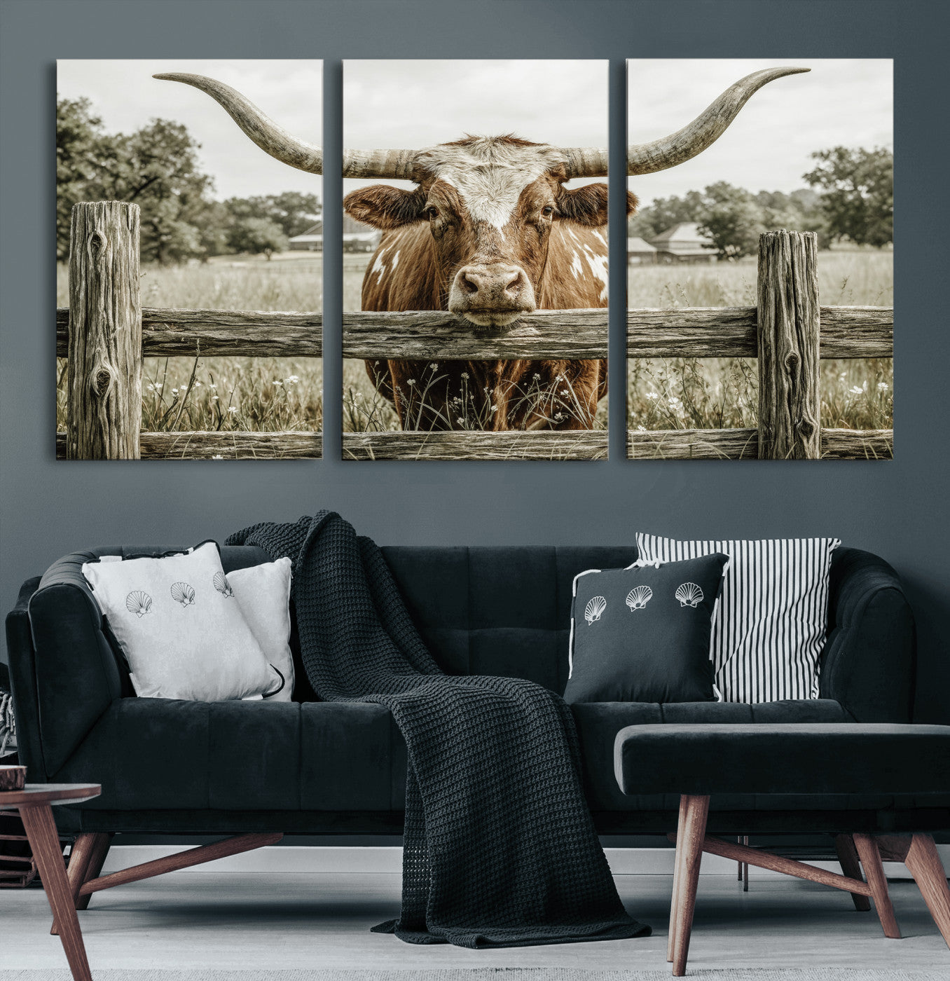 59378683M-MGV-CV-60X30-3P - Large Farmhouse Texas Longhorn Bull Canvas Wall Art, Western Ranch Cattle Photography Print, Rustic Barn Cowboy Decor Artwork