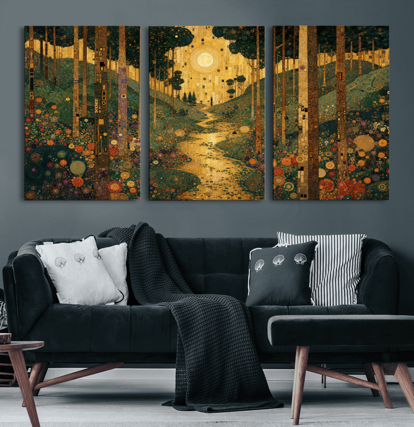 79483321GS-MGV-CV-48X32-3P - Gustav Klimt Style Forest Canvas Wall Art, Golden Forest Path Floral Art Nouveau Print, Enchanted Woodland Decor