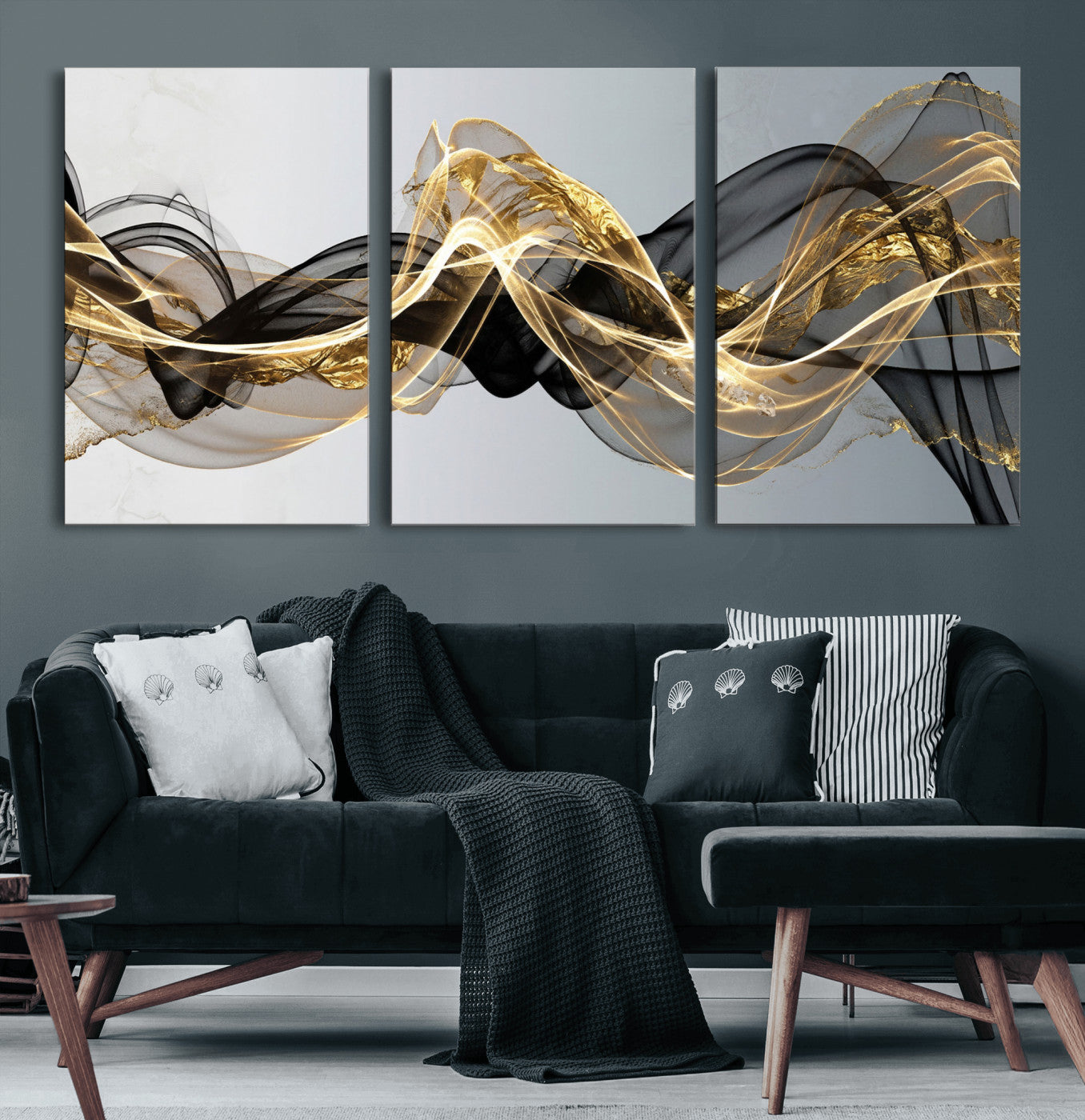 79483321DL-MGV-CV-36X24 - Black and Gold Abstract Wall Art, Modern Wave Canvas Print, Elegant Flowing Smoke Art, Luxury Living Room Decor