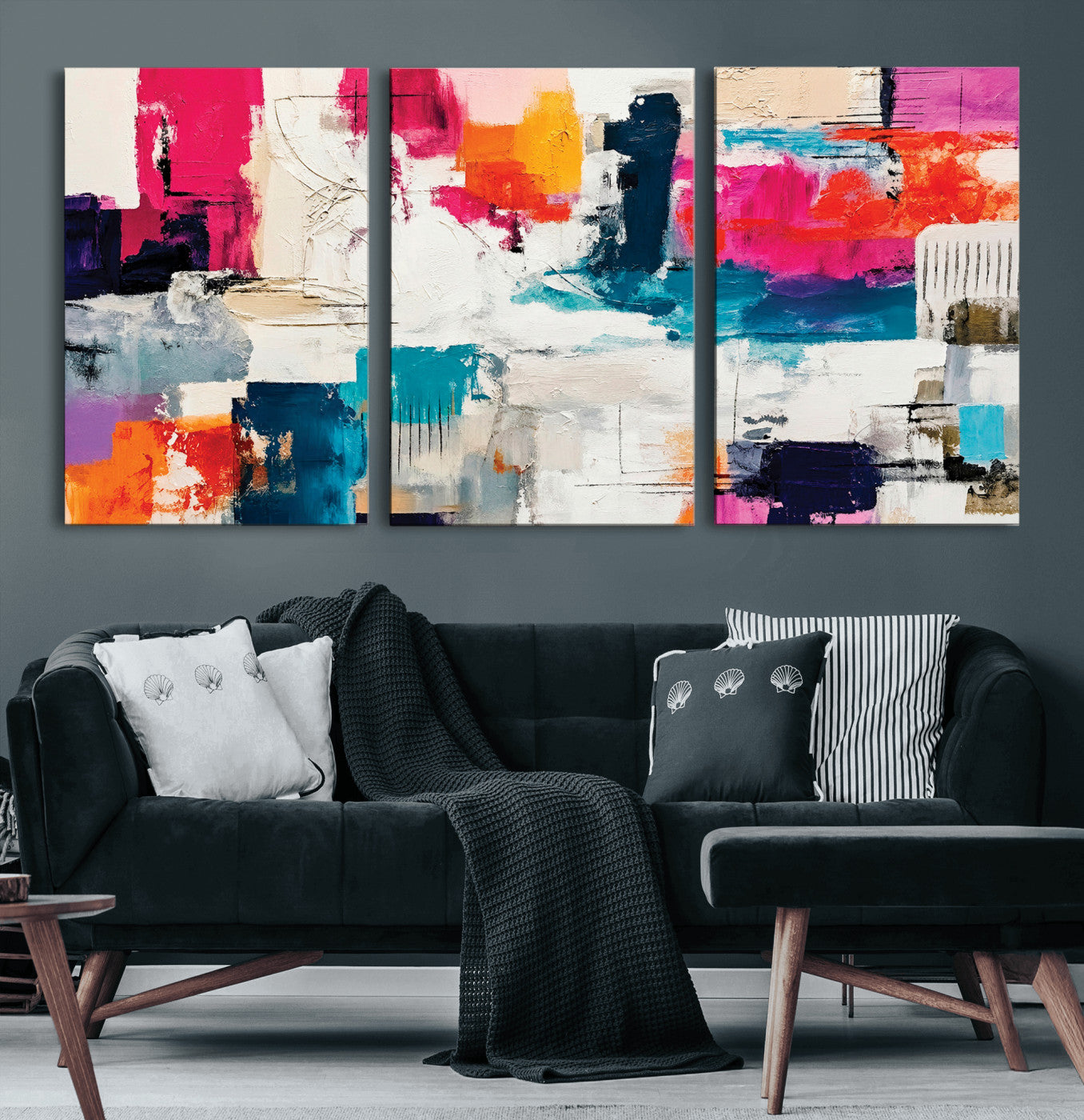 57864023-MGV-CV-36X24 - Blue Teal Abstract Canvas Wall Art | Modern Textured Painting Print, Navy Orange White Contemporary Art, Neutral Living Room Decor, Office Art