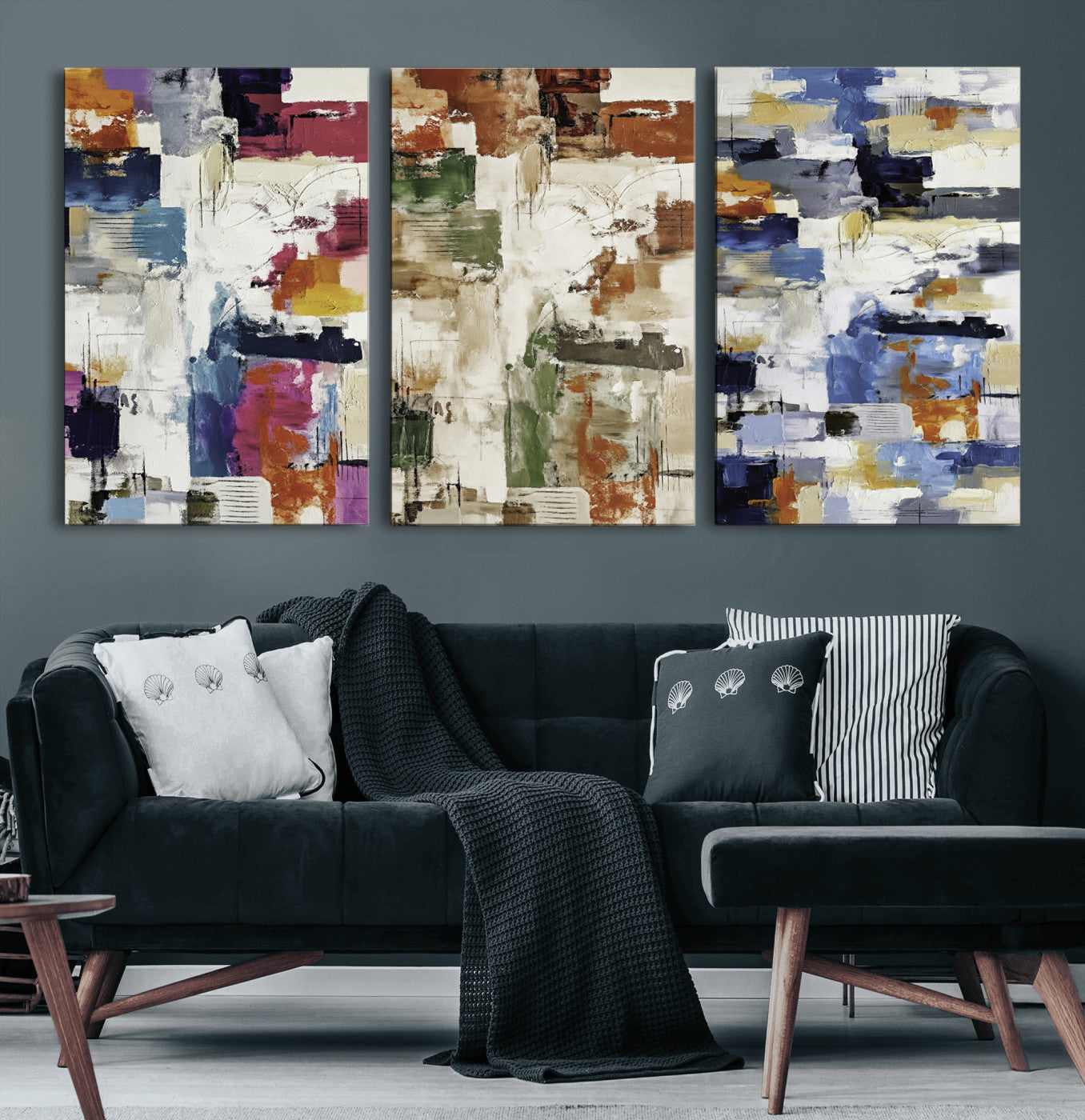 33267833-MGV-CV-60X30-3P - Blue Teal Abstract Canvas Wall Art, Modern Textured Painting Print, Navy Orange White Contemporary Art, Neutral Living Room Decor, Office Art