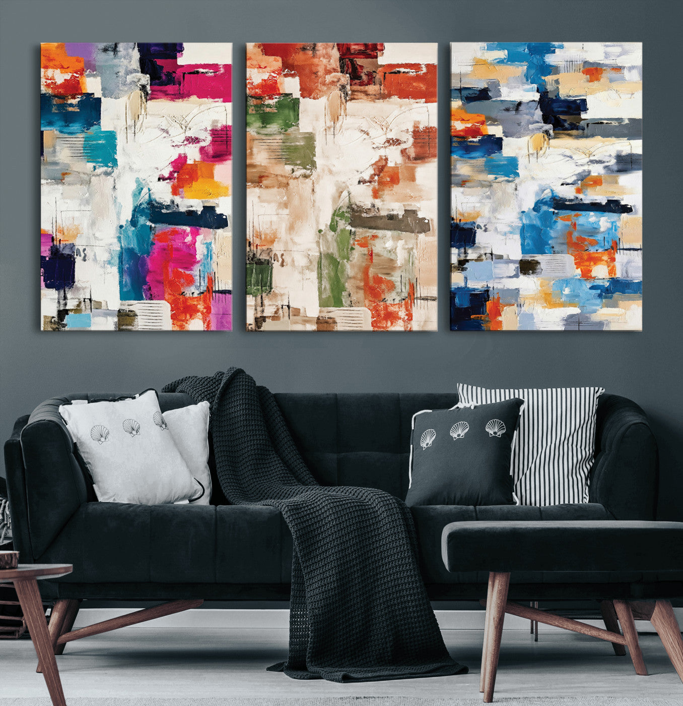 33267833-MGV-CV-60X30-3P - Blue Teal Abstract Canvas Wall Art, Modern Textured Painting Print, Navy Orange White Contemporary Art, Neutral Living Room Decor, Office Art