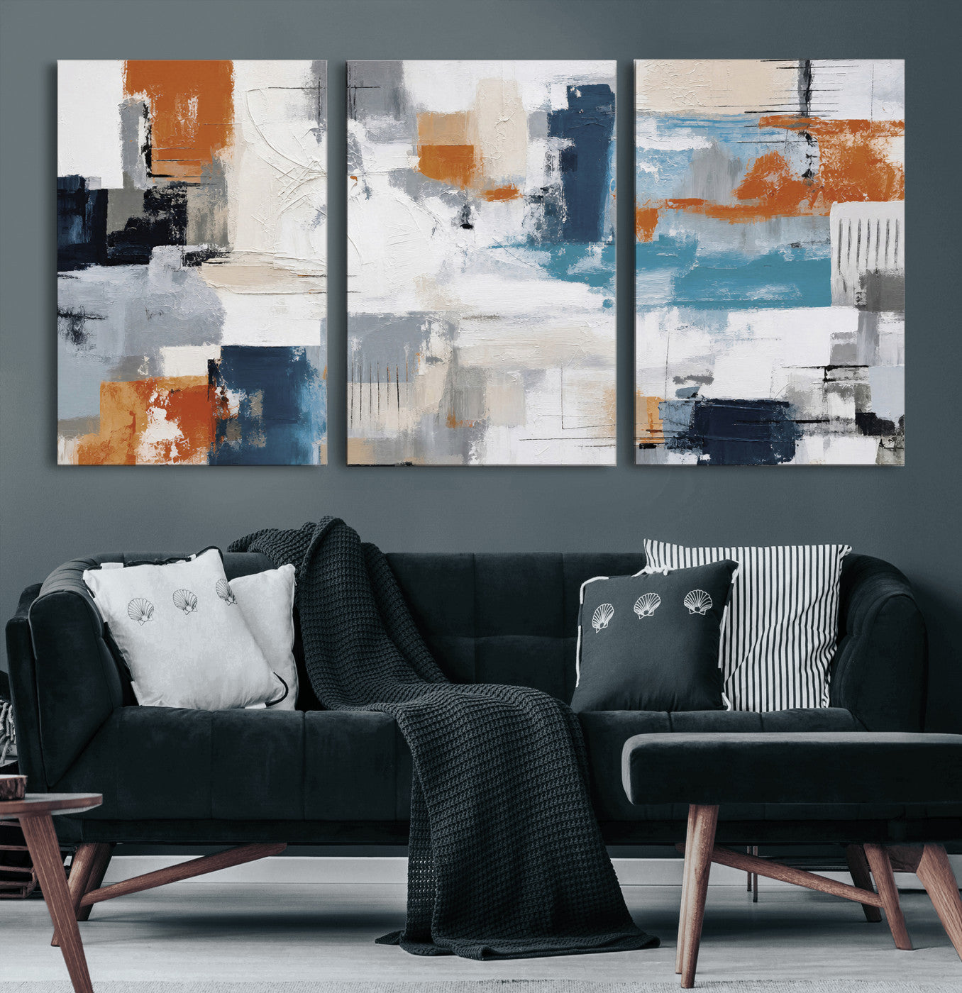 44950303-MGV-CV-36X24 - Blue Teal Abstract Canvas Wall Art, Modern Textured Painting Print, Navy Orange White Contemporary Art, Neutral Living Room Decor, Office Art